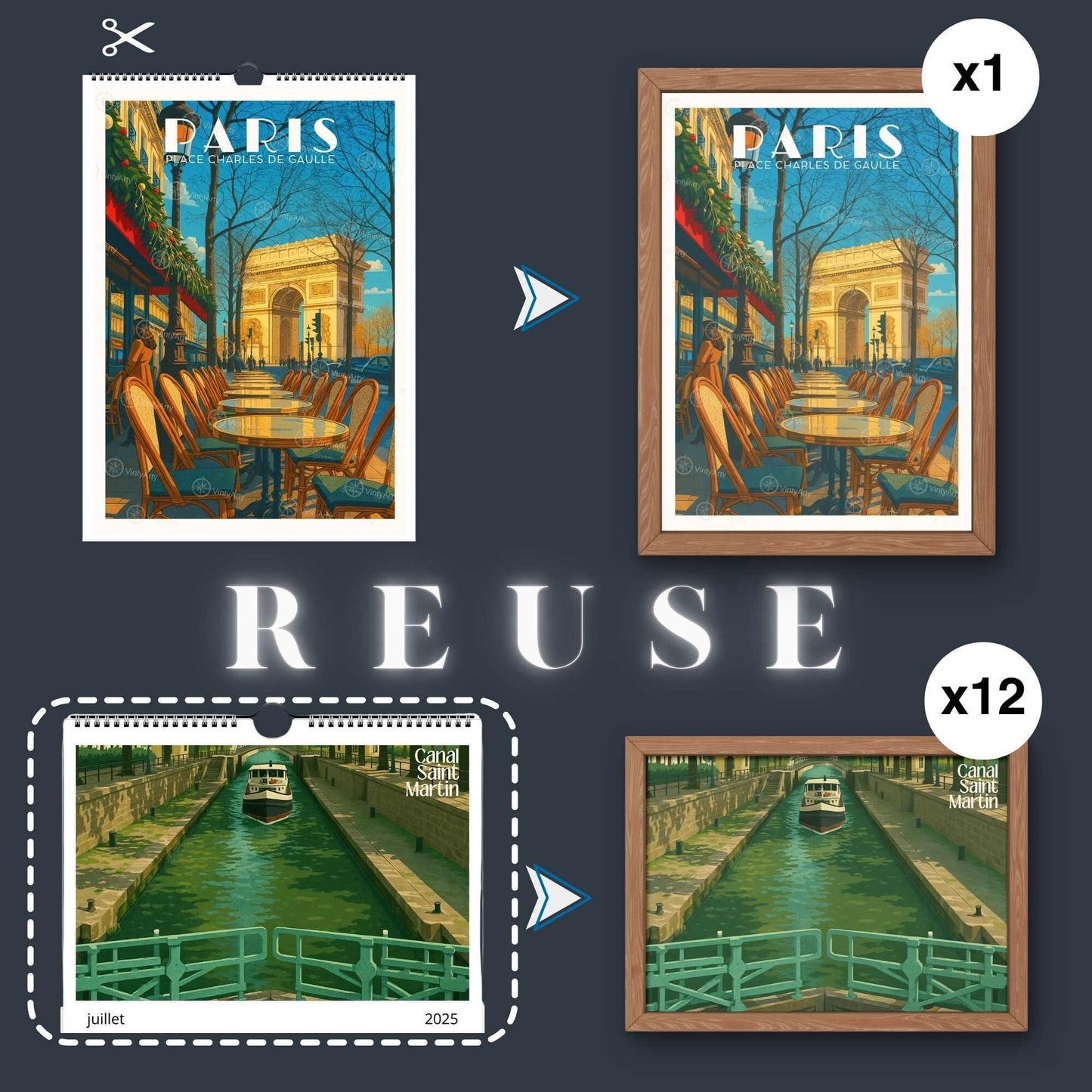 Calendrier mural 2026 Paris | Calendrier Paris, France | Calendrier Réutilisable en affiches déco