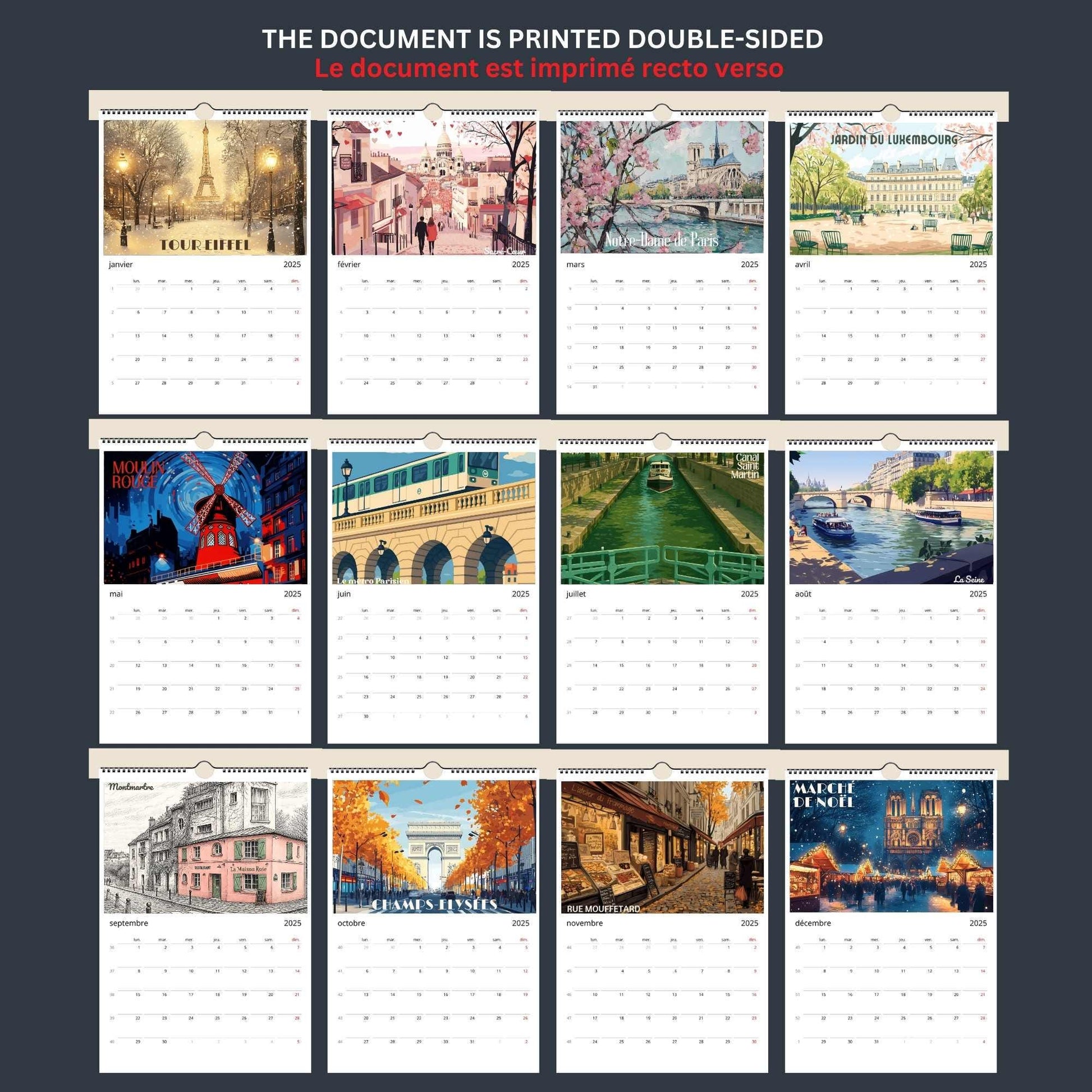 Calendrier mural 2026 Paris | Calendrier Paris, France | Calendrier Réutilisable en affiches déco