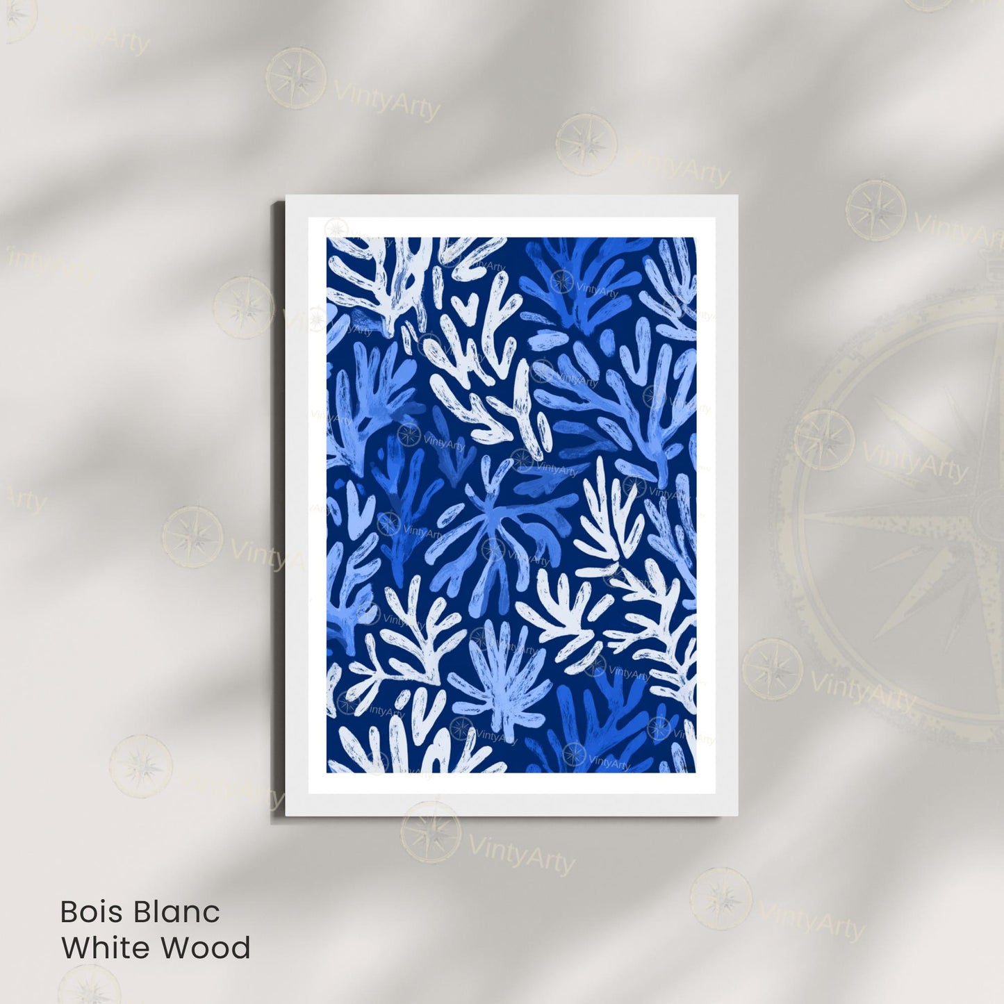 Affiche Matisse corail bleu blanc – Poster marin abstrait – Art mural moderne