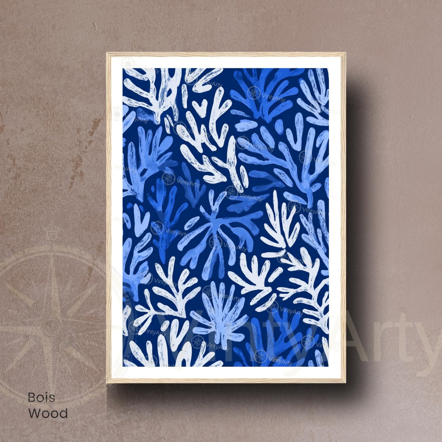 Affiche Matisse corail bleu blanc – Poster marin abstrait – Art mural moderne