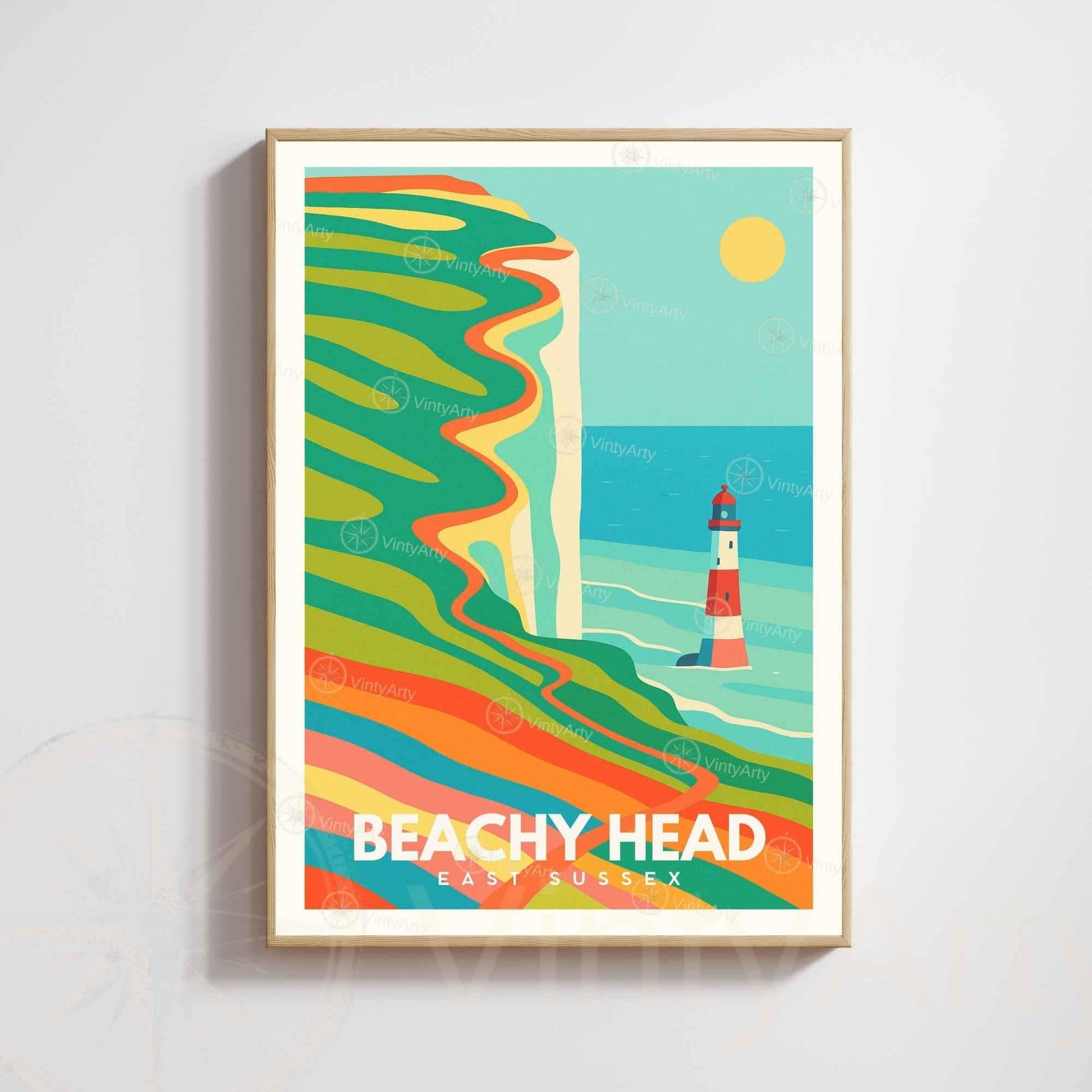 Beachy Head Poster East Sussex | Vintage Travel Print Lighthouse & Cliffs | Coastal Wall Art