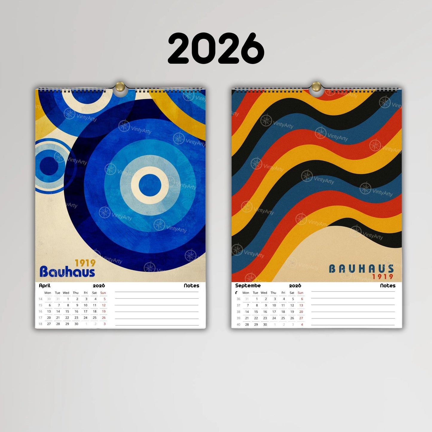Calendrier mural 2026 Bauhaus | Illustrations Op Art réutilisables en affiches | Papier premium | Calendrier 2026