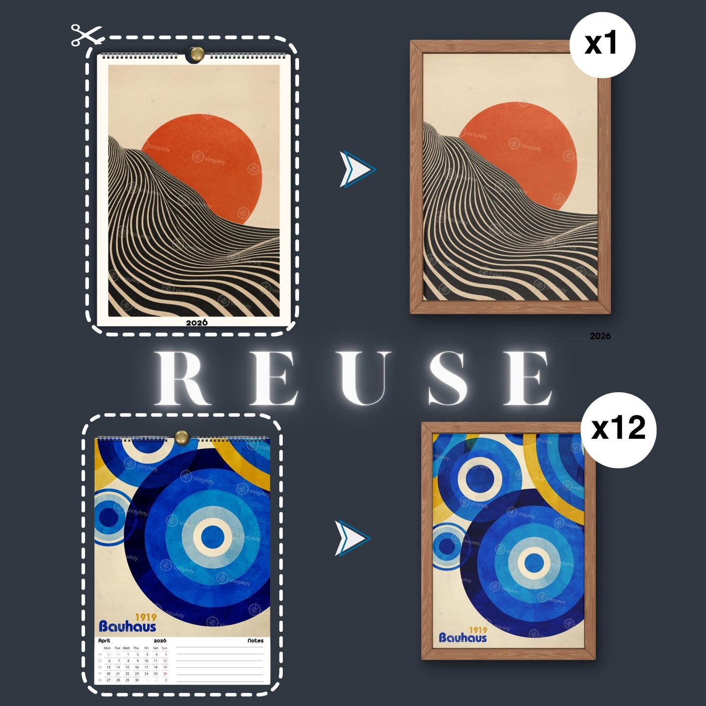Calendrier mural 2026 Bauhaus | Illustrations Op Art réutilisables en affiches | Papier premium | Calendrier 2026