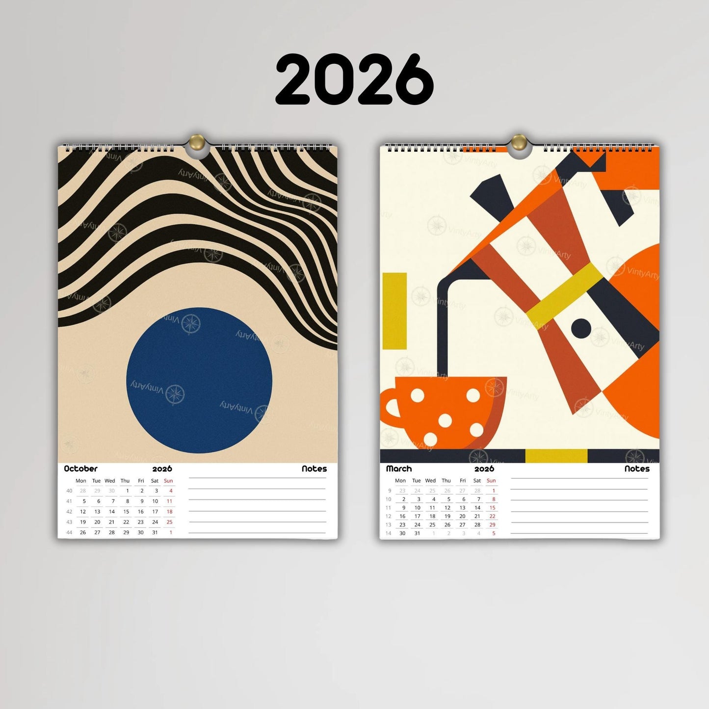 Calendrier mural 2026 Bauhaus | Illustrations Op Art réutilisables en affiches | Papier premium | Calendrier 2026