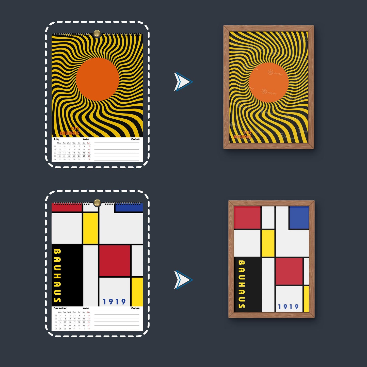 Calendrier mural 2026 Bauhaus | Illustrations Op Art réutilisables en affiches | Papier premium | Calendrier 2026