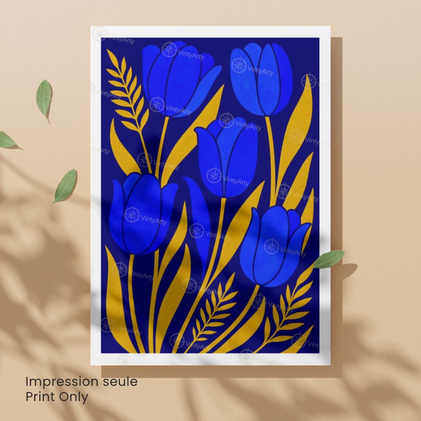 Affiche Tulipes Bleues et Or | Poster Botanique Moderne | Illustration Florale Murale