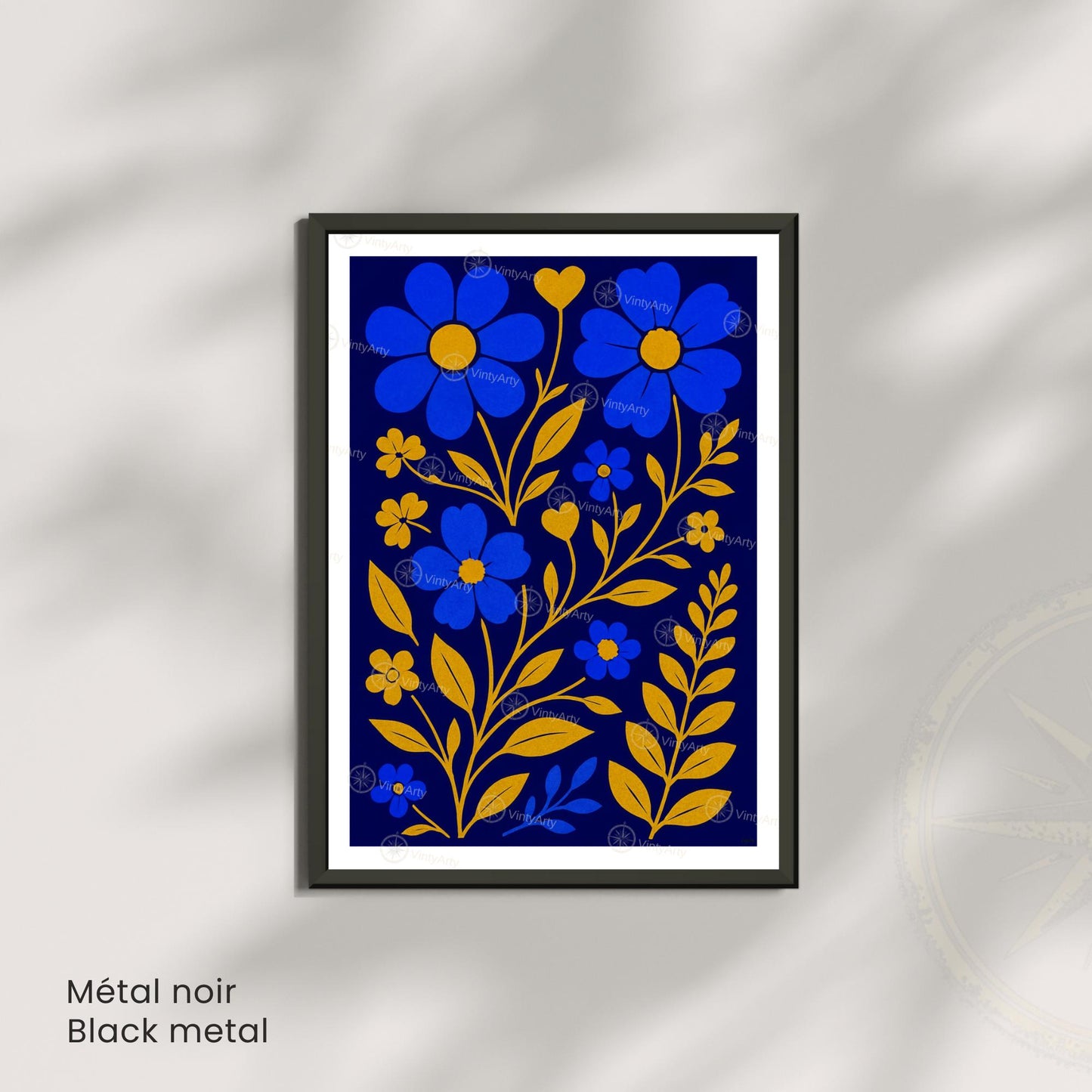 Affiche Fleurs Bleues et Or | Poster Botanique Moderne | Décoration Murale Florale