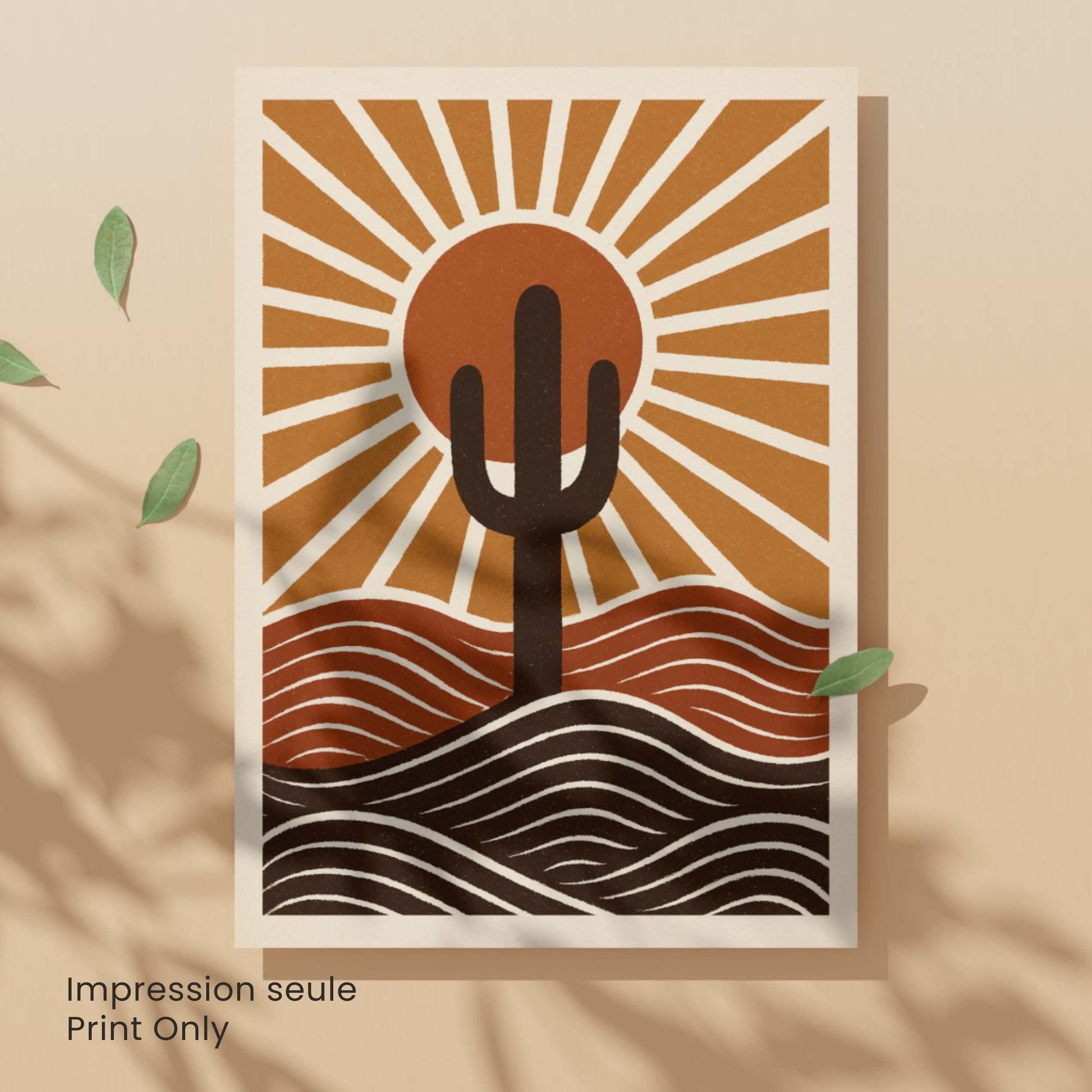 Affiche Désert et Cactus | Poster Soleil Couchant Graphique | Décoration Murale Mid-Century