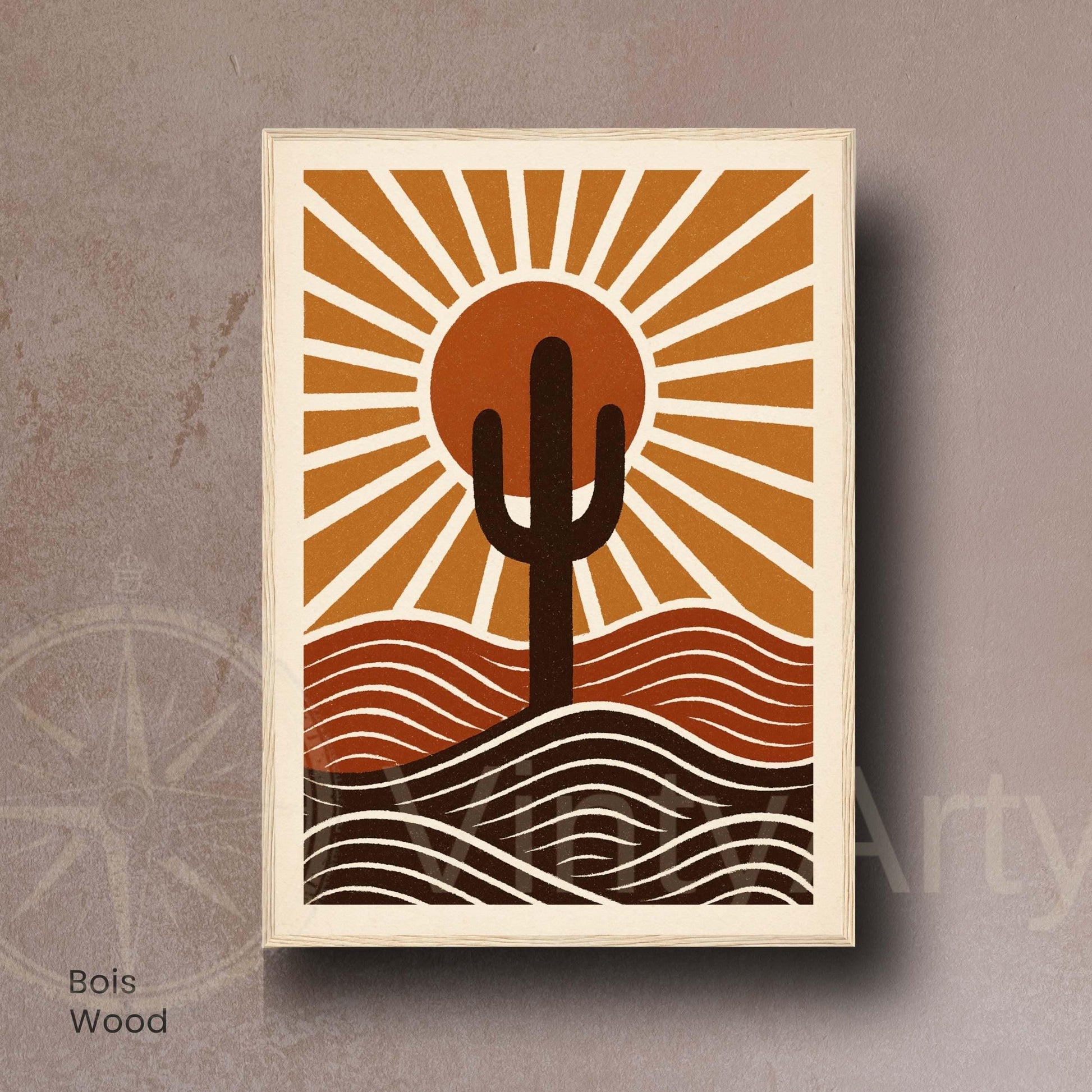 Affiche Désert et Cactus | Poster Soleil Couchant Graphique | Décoration Murale Mid-Century
