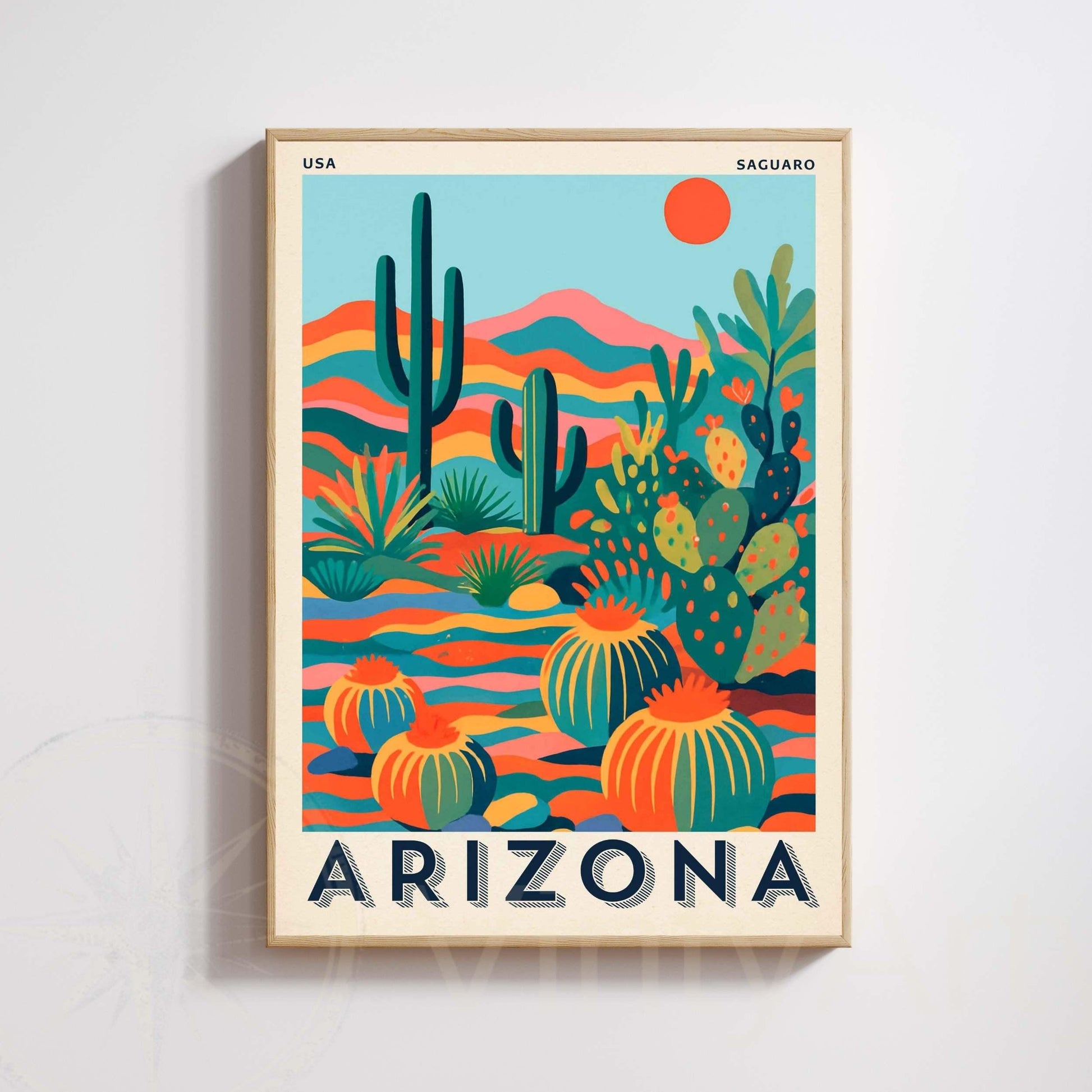 Arizona Desert Print | Colorful Cactus Poster | Vintage USA Travel Wall Art | Saguaro poster