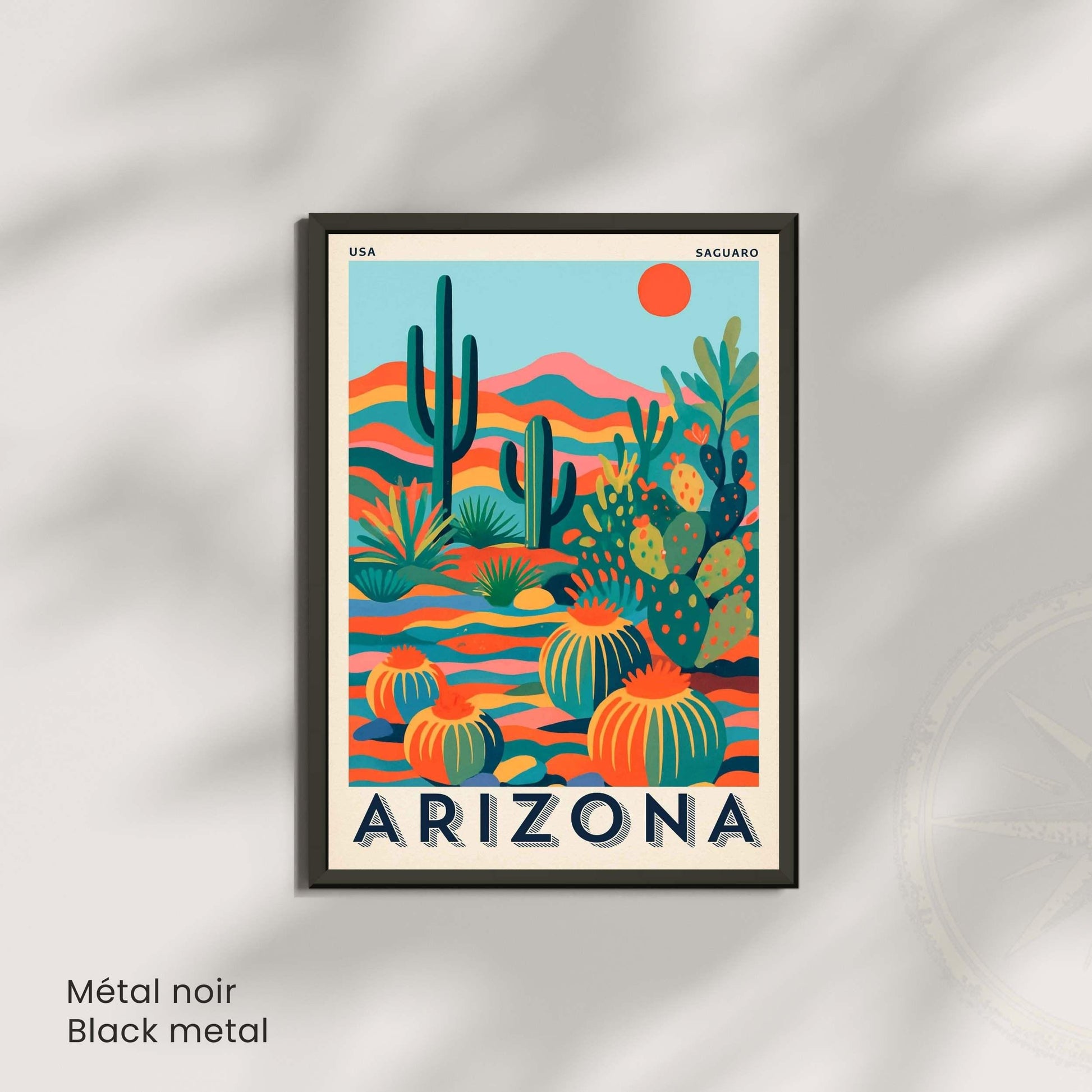Affiche Arizona Désert Coloré | Poster Cactus Saguaro | Illustration Vintage USA