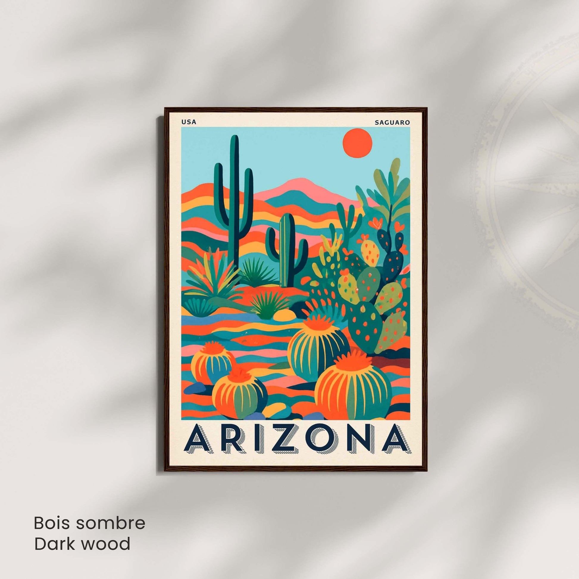 Affiche Arizona Désert Coloré | Poster Cactus Saguaro | Illustration Vintage USA