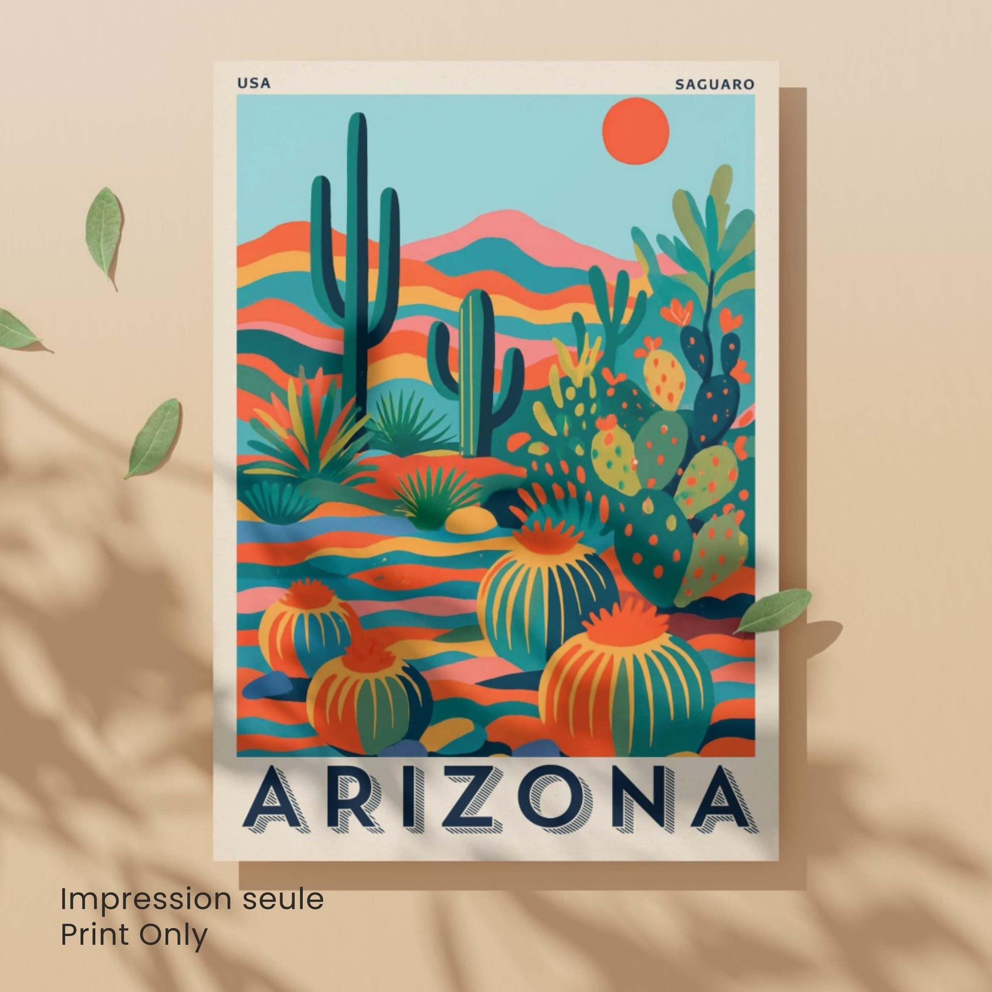 Affiche Arizona Désert Coloré | Poster Cactus Saguaro | Illustration Vintage USA