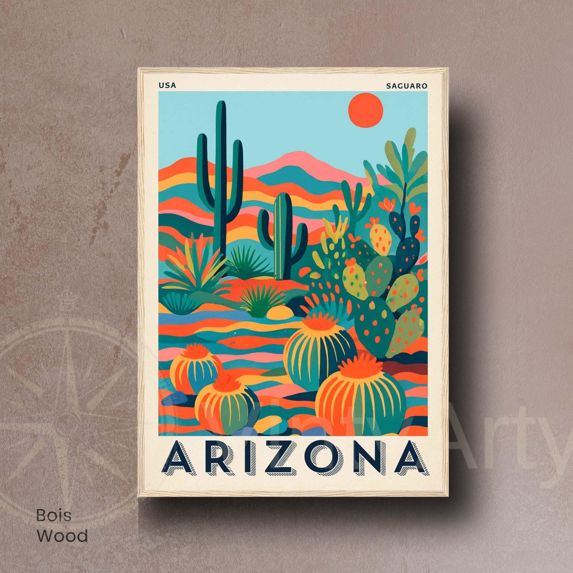 Affiche Arizona Désert Coloré | Poster Cactus Saguaro | Illustration Vintage USA