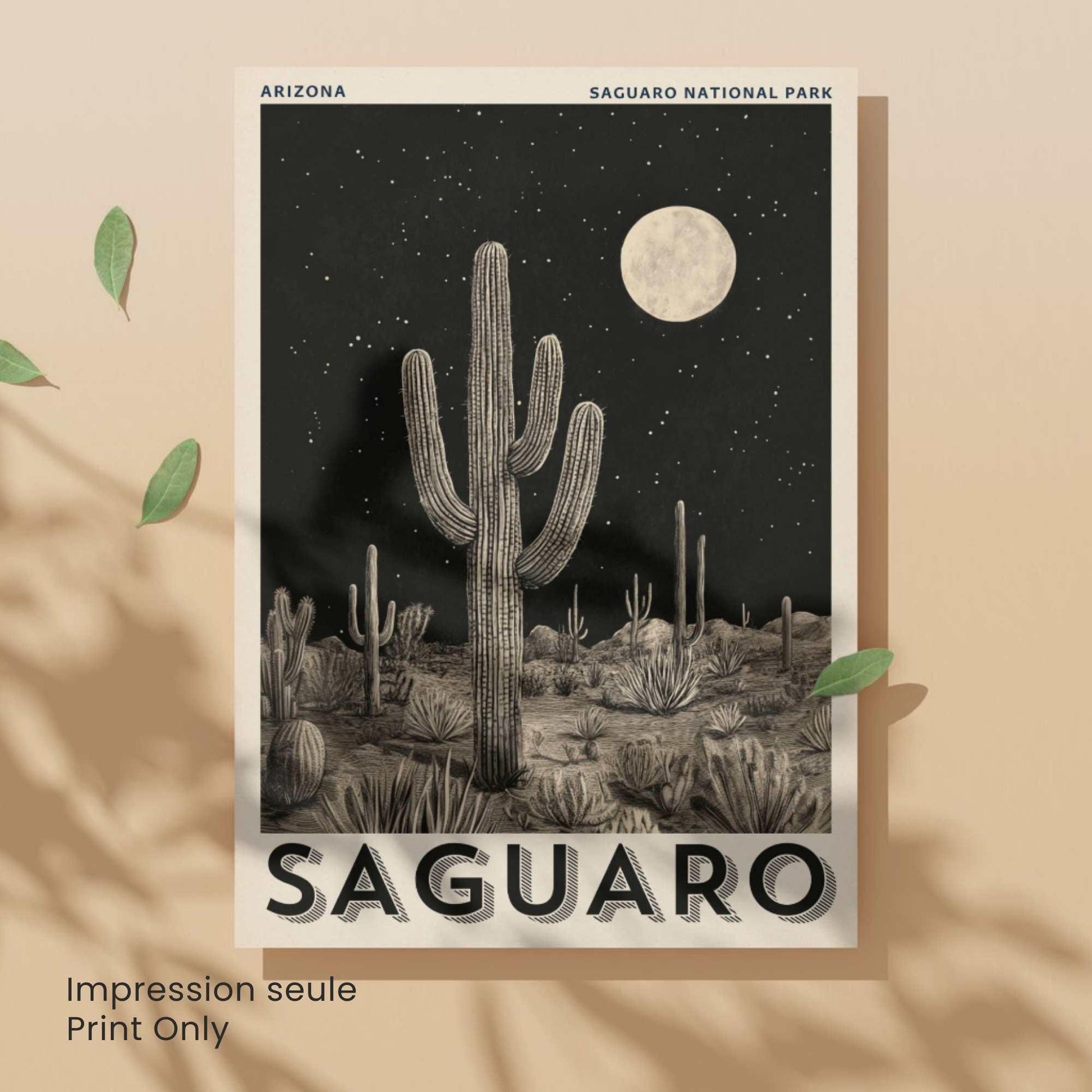 Affiche Saguaro Arizona | Poster Parc National du Saguaro | Illustration Vintage Désert Nocturne | Affiche cactus noir et blanc