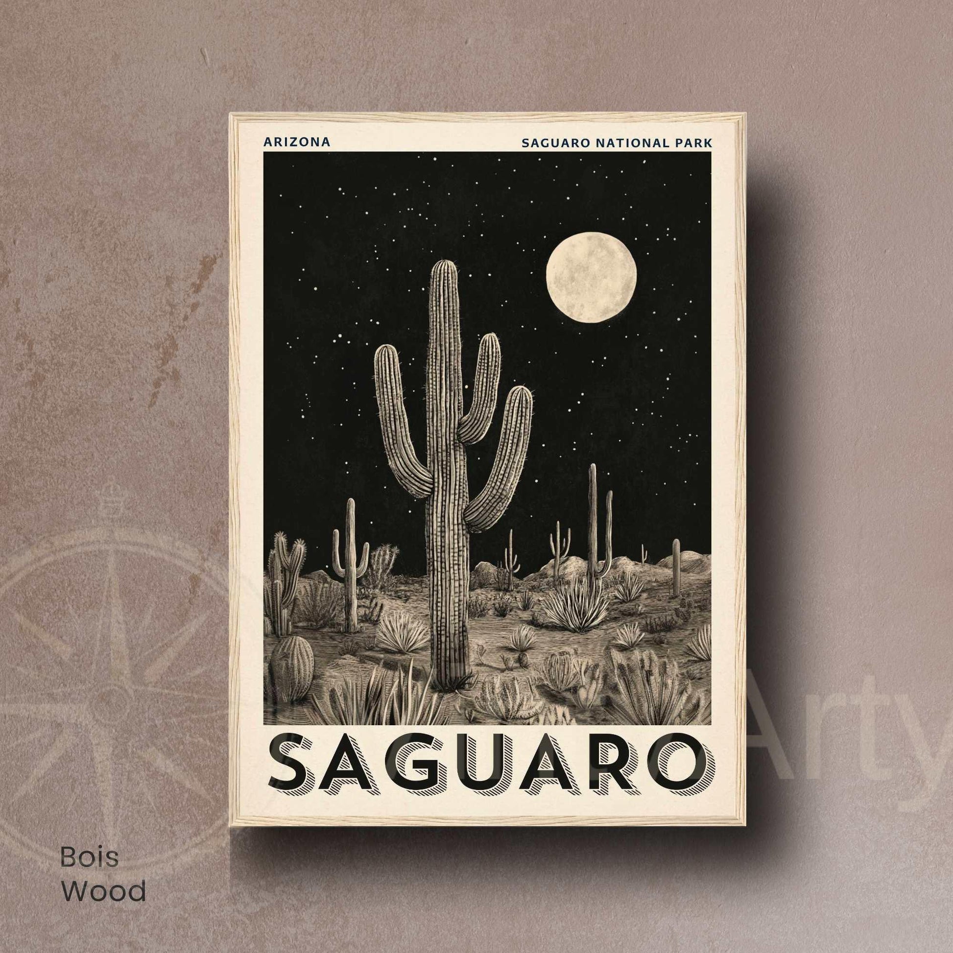 Affiche Saguaro Arizona | Poster Parc National du Saguaro | Illustration Vintage Désert Nocturne | Affiche cactus noir et blanc
