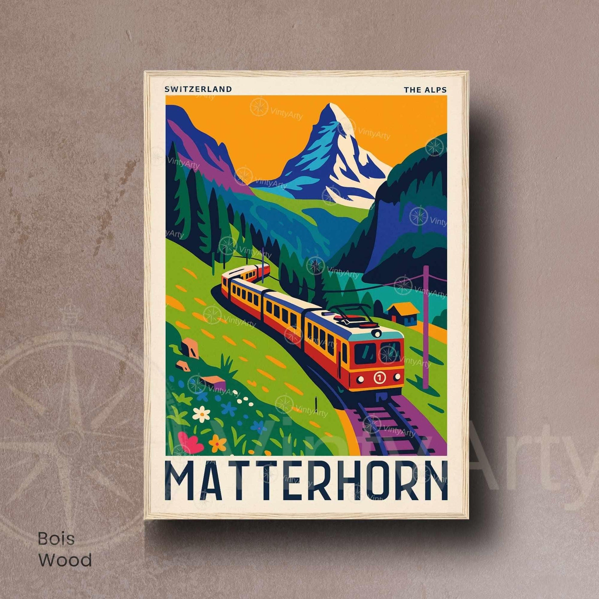 Affiche Suisse Matterhorn | Poster Vintage Train Alpes | Illustration Rétro Montagne