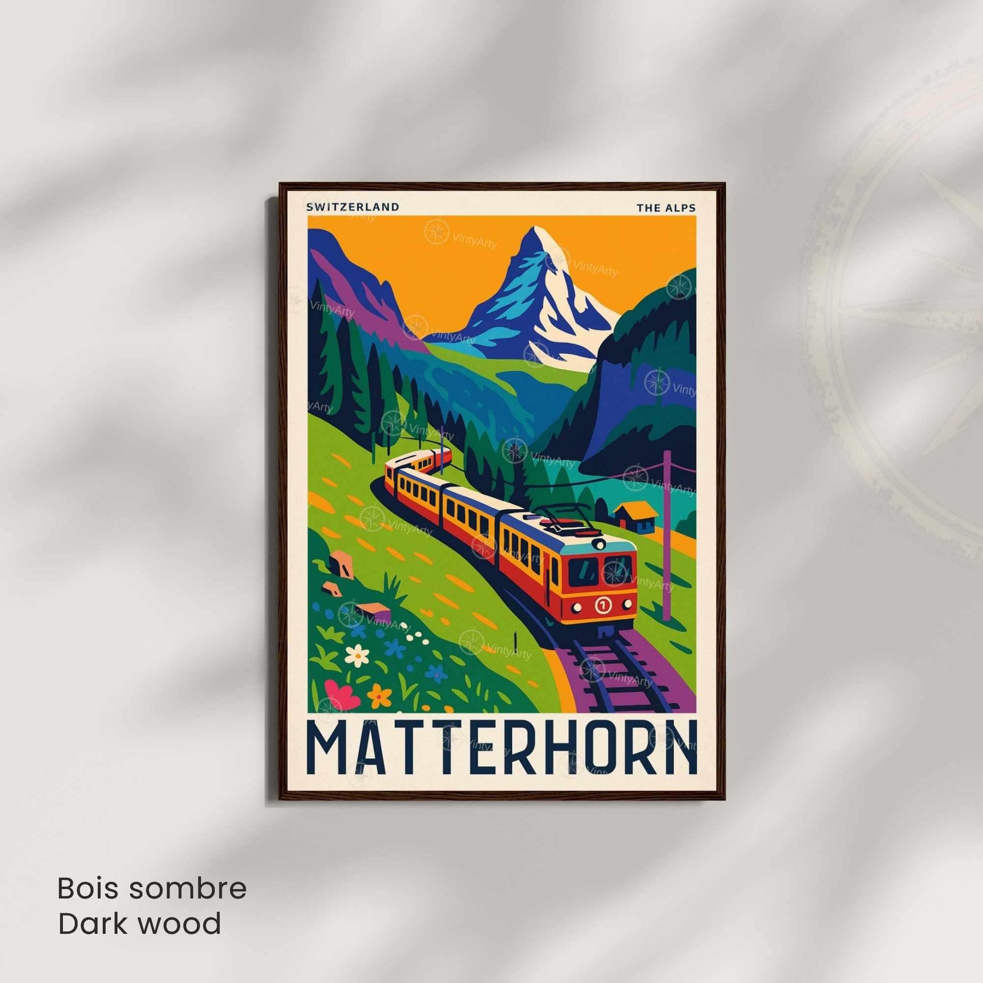Affiche Suisse Matterhorn | Poster Vintage Train Alpes | Illustration Rétro Montagne