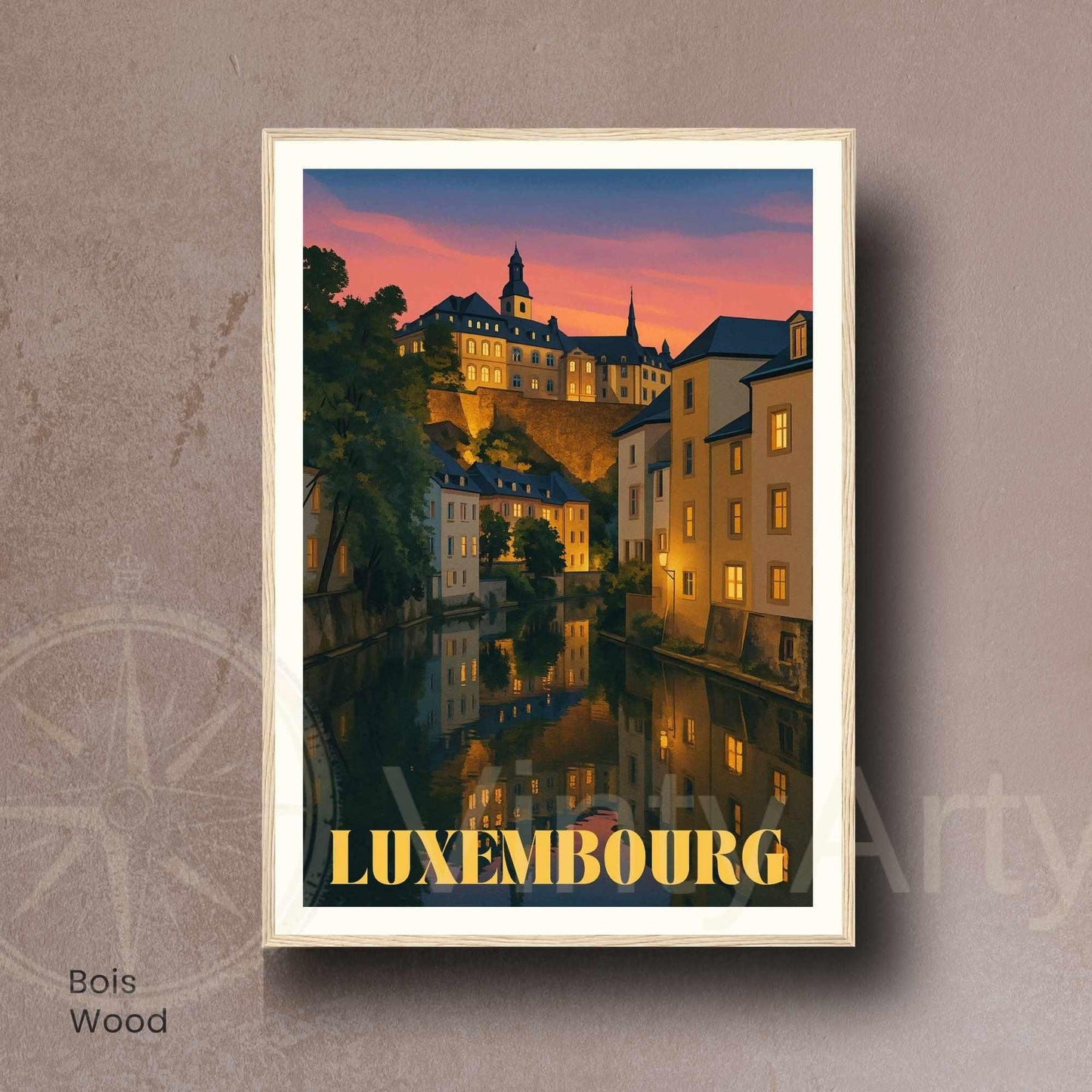 Affiche Luxembourg Nuit – Poster vintage du Grund et de la vieille ville illuminée