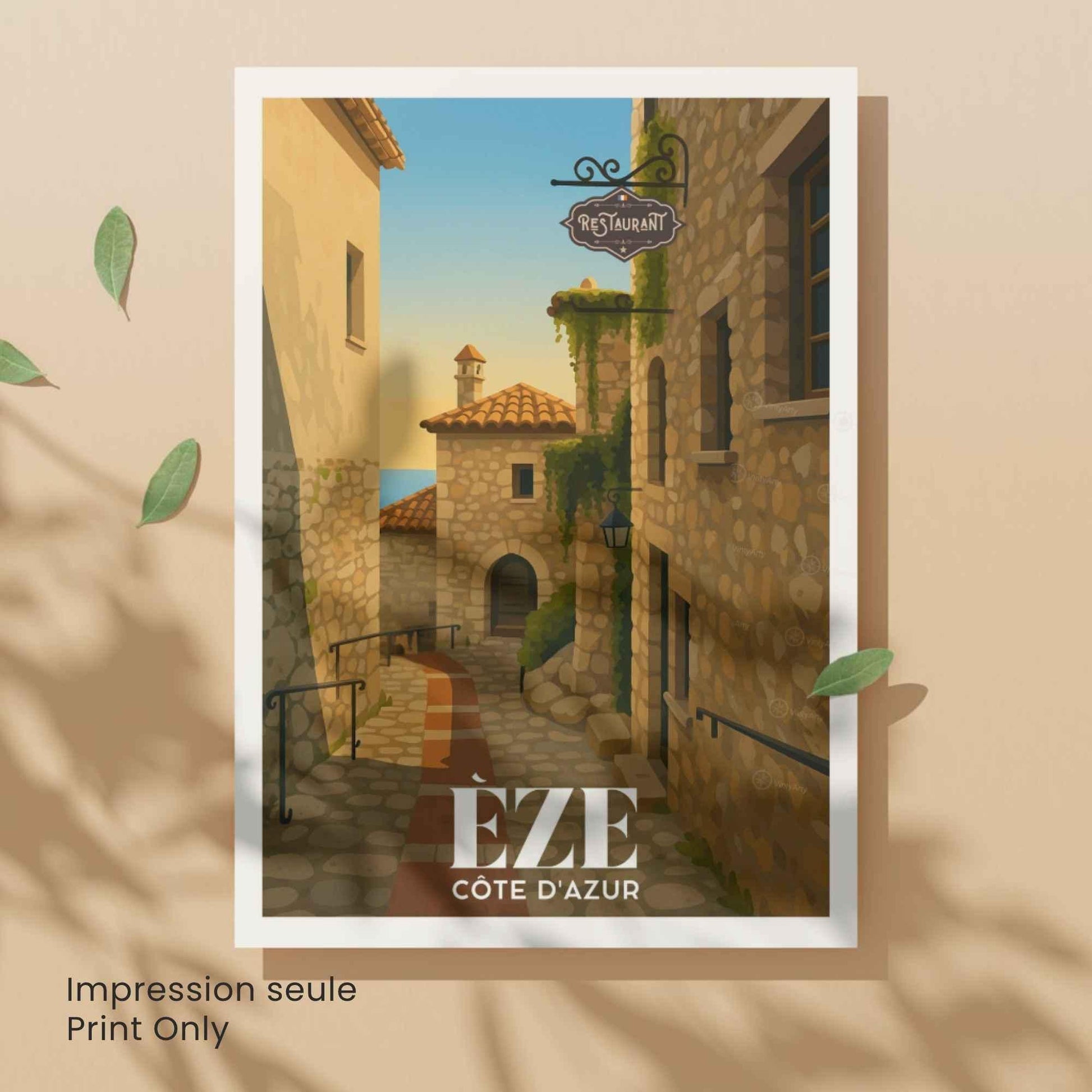 Affiche Èze, Côte d’Azur – Ruelle en pierre au coucher du soleil