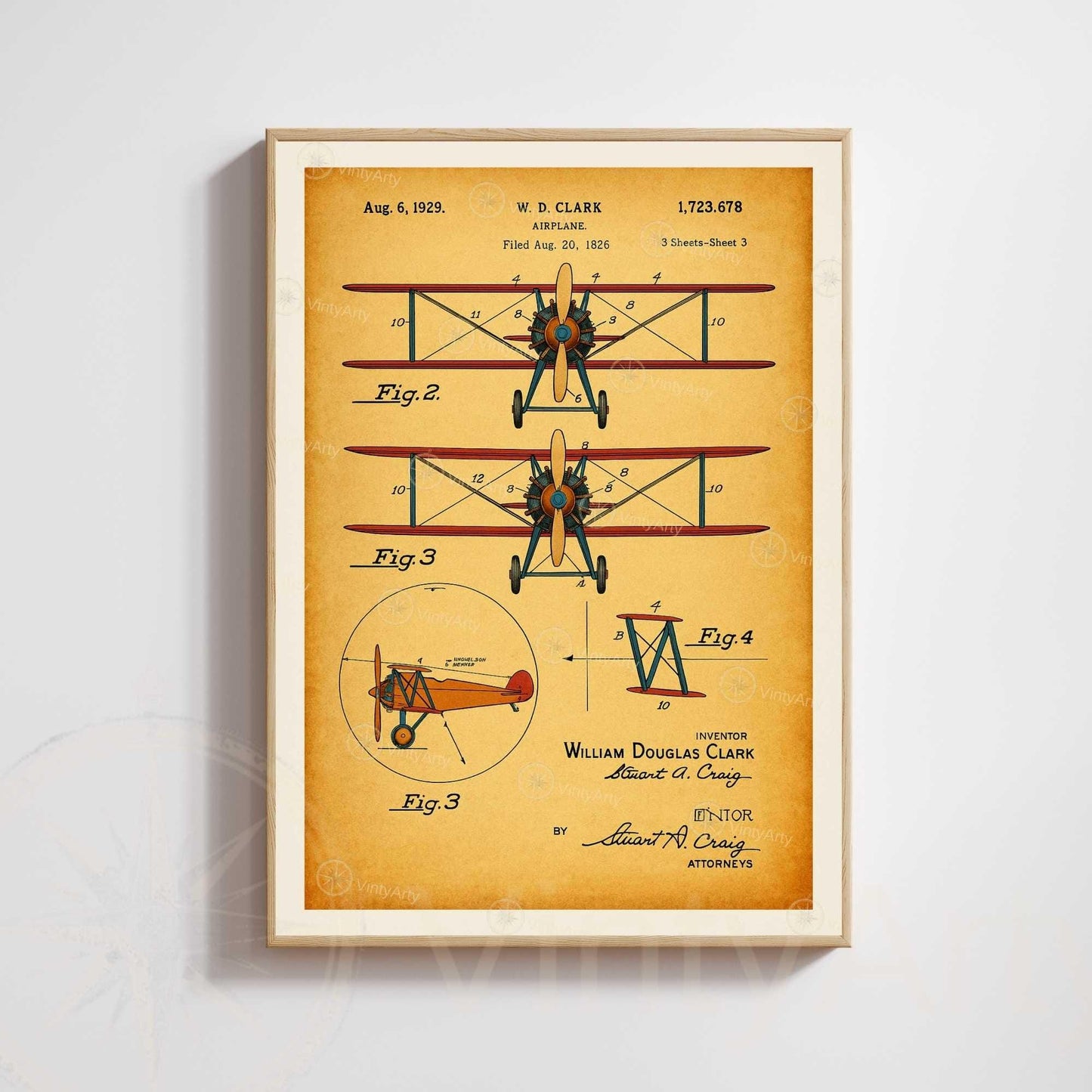 Vintage Airplane Patent Poster – 1929 Aviation Blueprint | Industrial Retro Wall Art