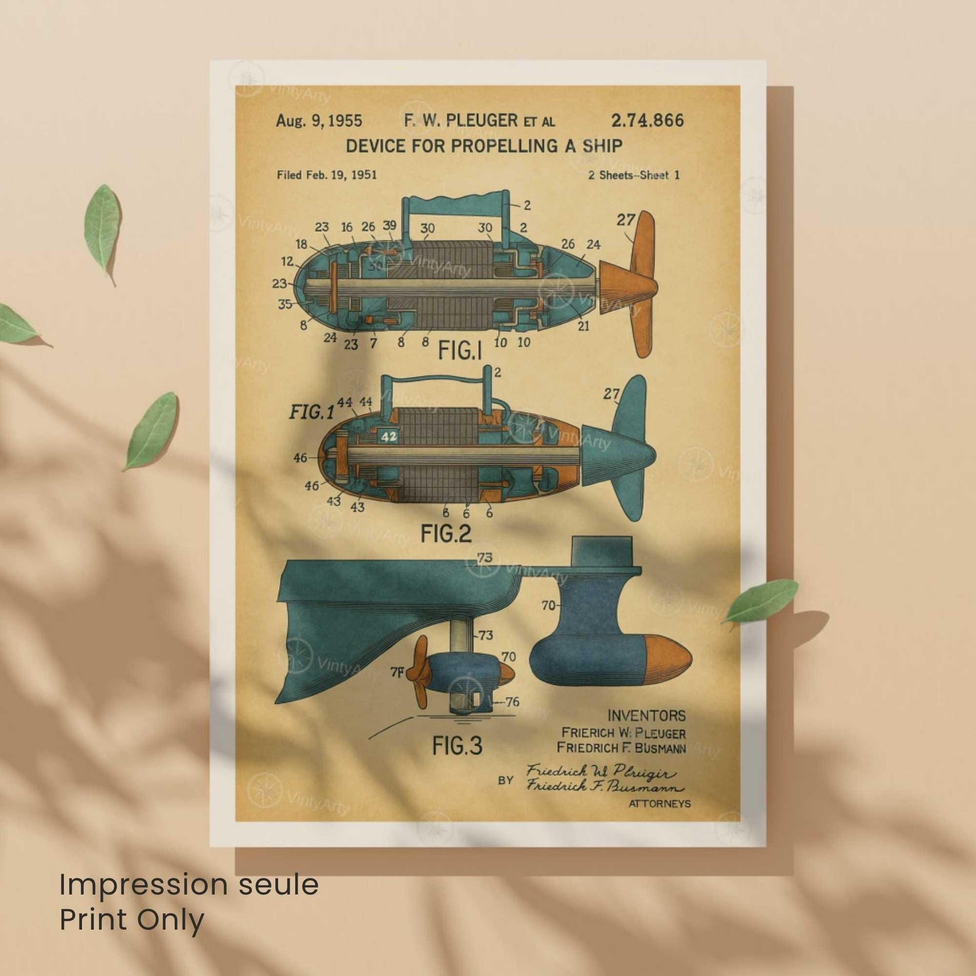 Affiche Brevet Propulsion Marine Vintage – Poster Technique 1955 | Art Industriel & Décoration Mécanique