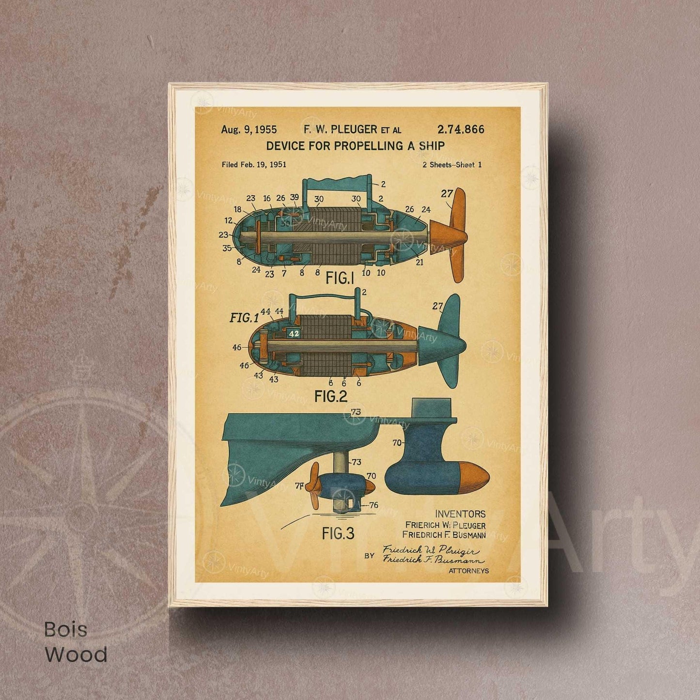 Affiche Brevet Propulsion Marine Vintage – Poster Technique 1955 | Art Industriel & Décoration Mécanique