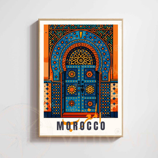 Affiche Maroc – Porte Bleue et Oranges | Art Oriental Marocain  - Décoration Murale Marocaine
