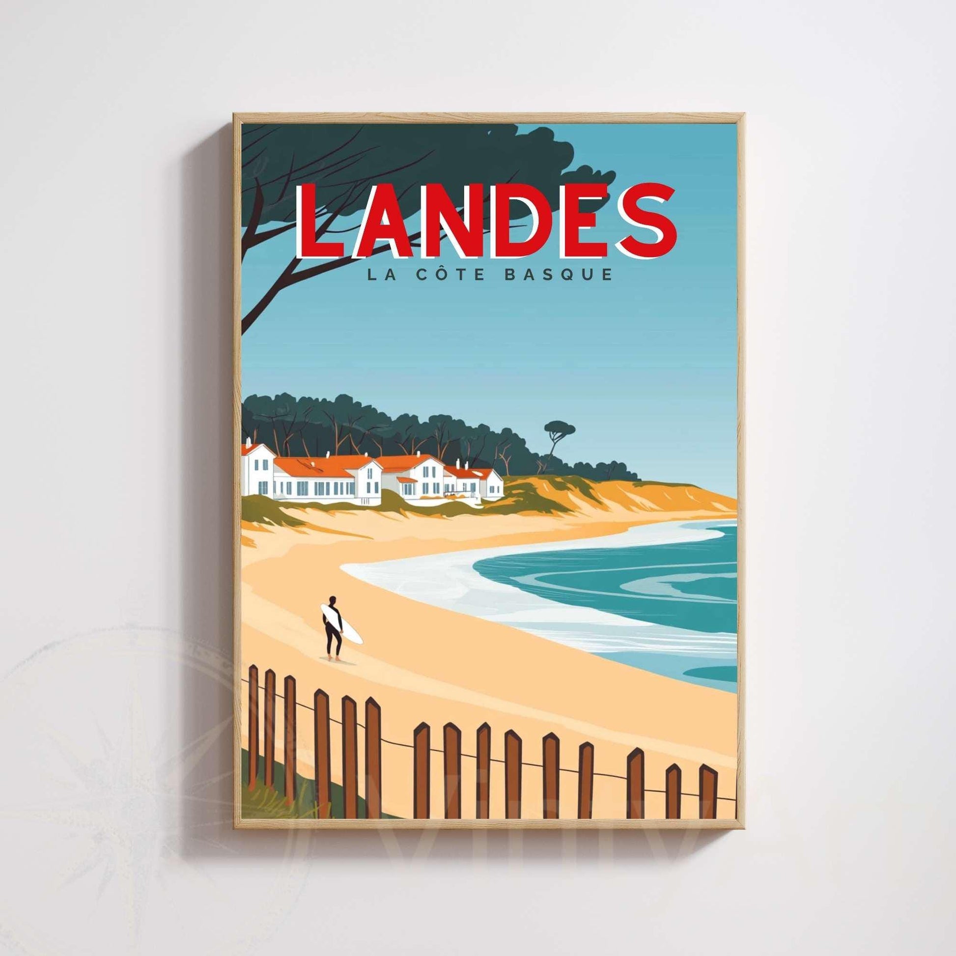 Affiche Landes – La Côte Basque | Illustration Surf et Océan | Poster Vintage Atlantique
