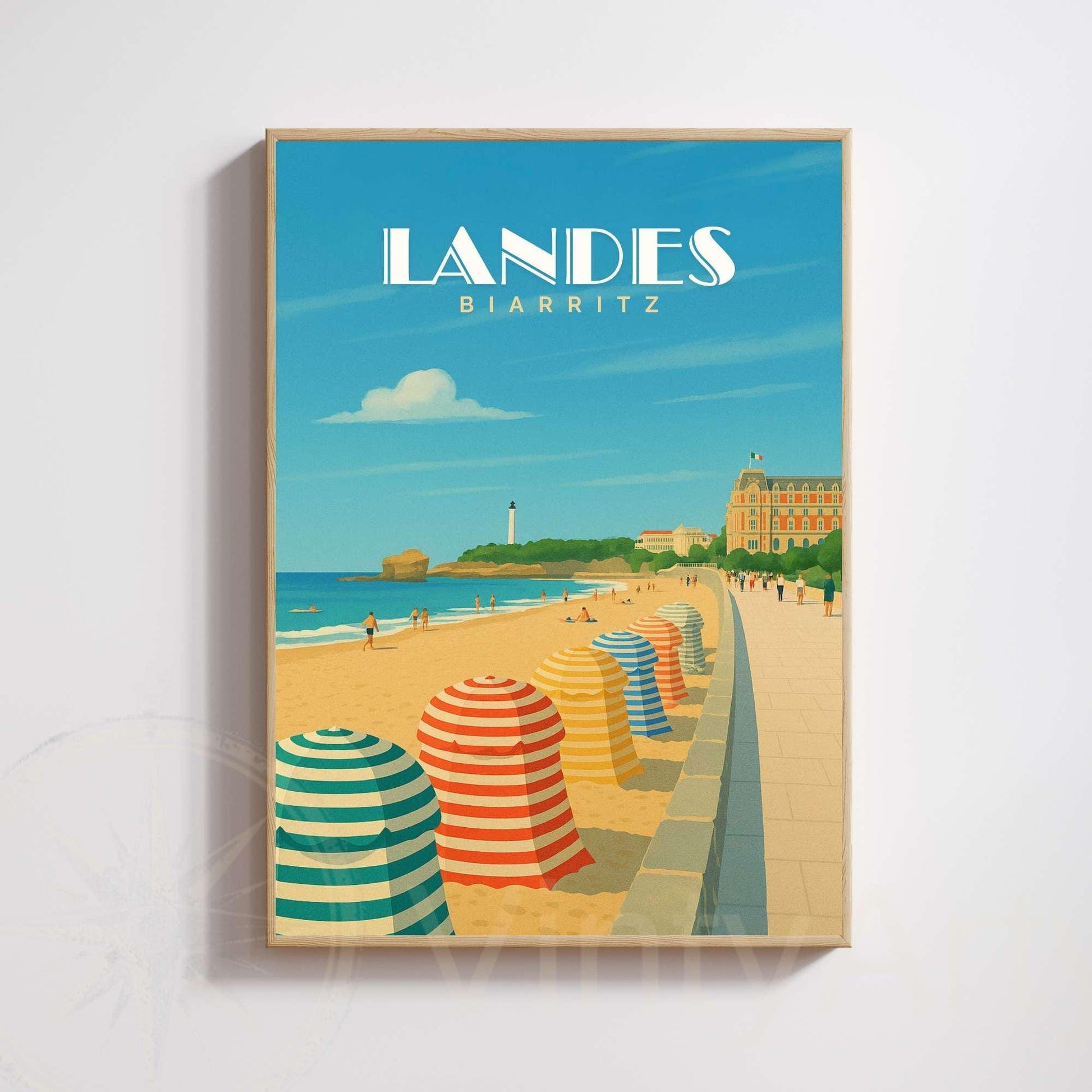 Affiche Landes – Biarritz | Poster Vintage Côte Atlantique | Illustration Plage et Océan