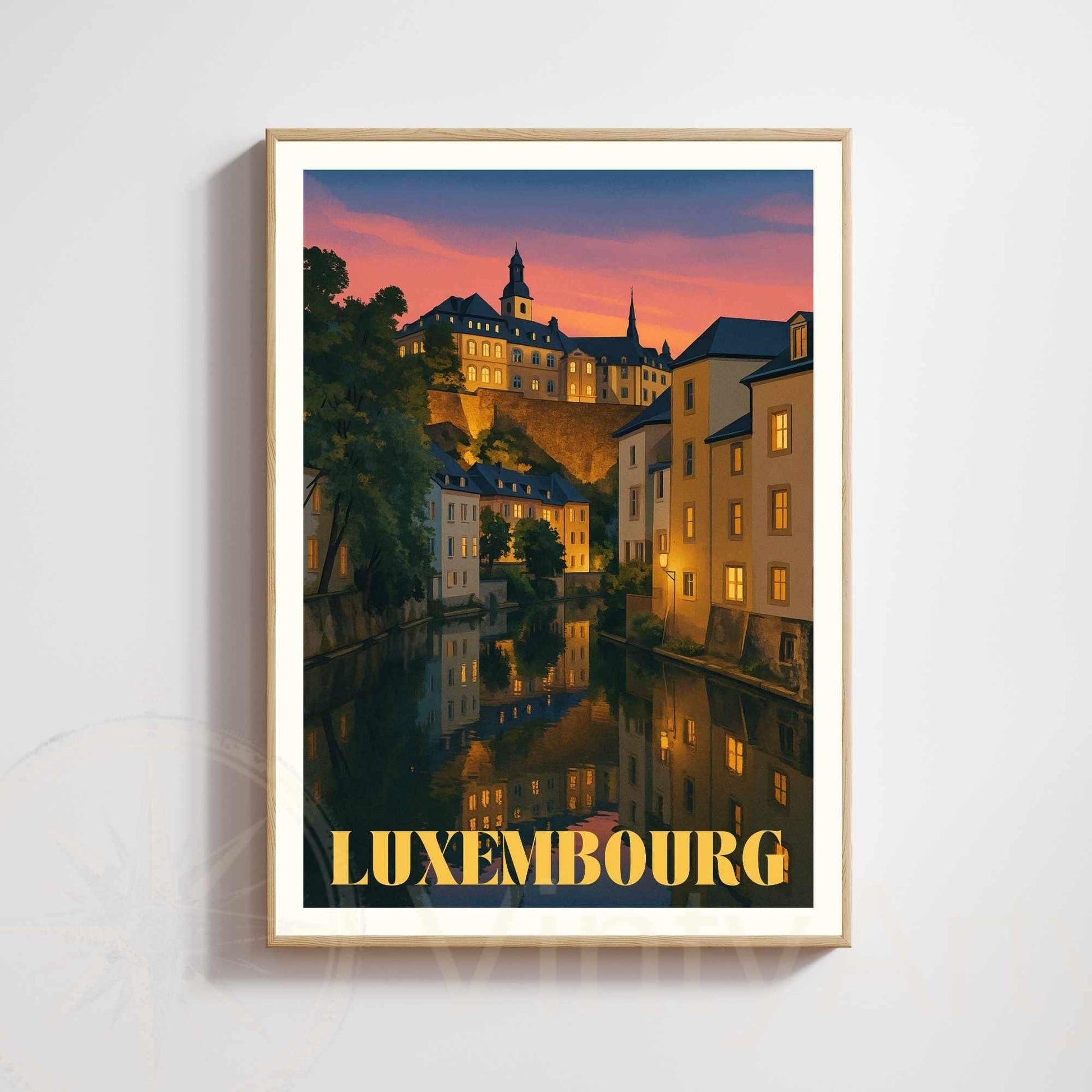 Affiche Luxembourg Nuit – Poster vintage du Grund et de la vieille ville illuminée
