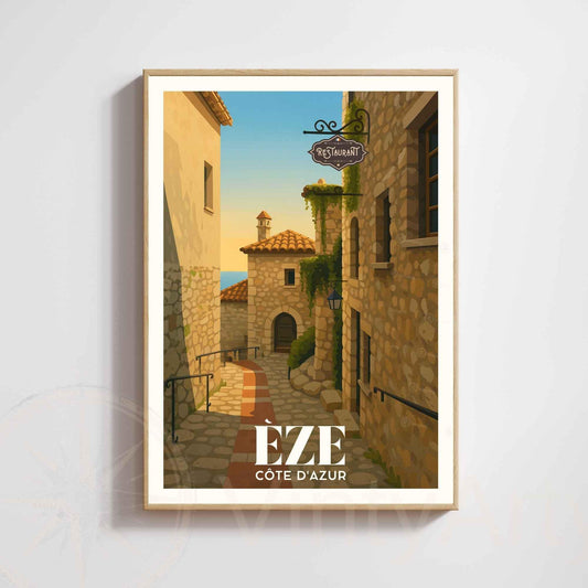 Affiche Èze, Côte d’Azur – Ruelle en pierre au coucher du soleil