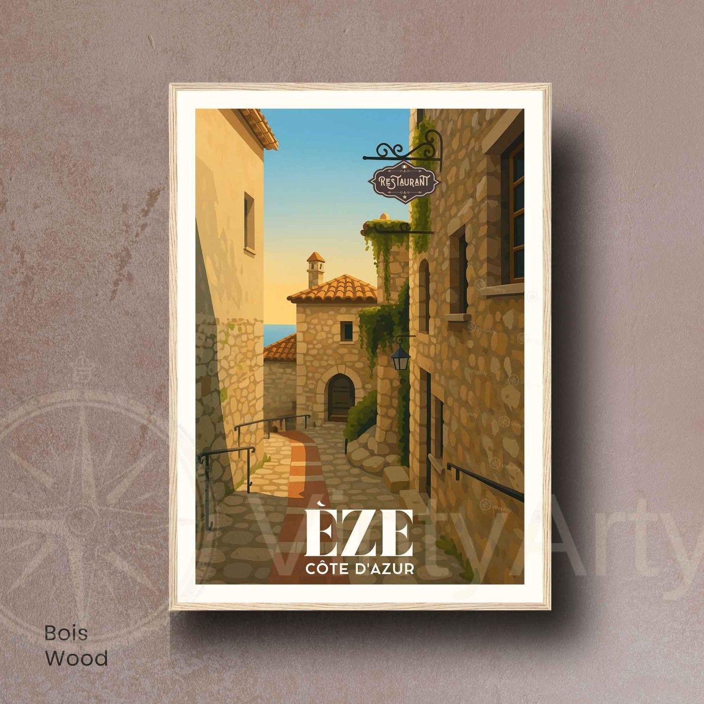 Affiche Èze, Côte d’Azur – Ruelle en pierre au coucher du soleil