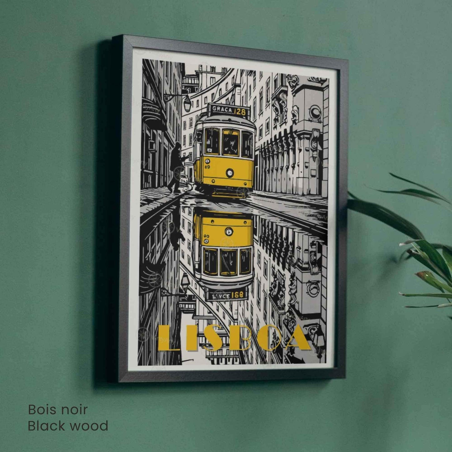 Affiche Lisbonne – Tramway jaune vintage dans les rues de Lisbonne - Affiche Lisbonne noir et blanc