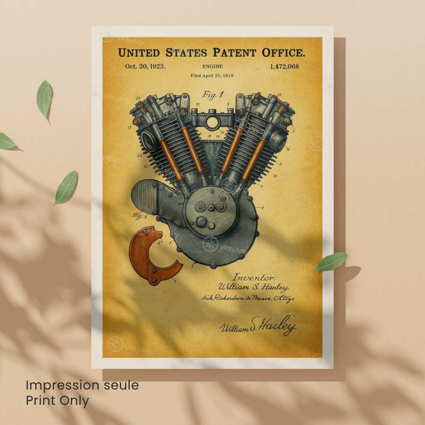 Affiche Brevet Moteur Vintage – Poster Mécanique 1923 | Décoration Industrielle Atelier & Garage