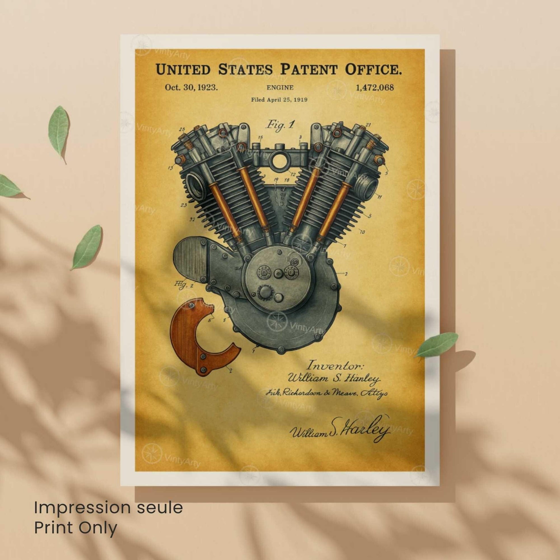 Affiche Brevet Moteur Vintage – Poster Mécanique 1923 | Décoration Industrielle Atelier & Garage