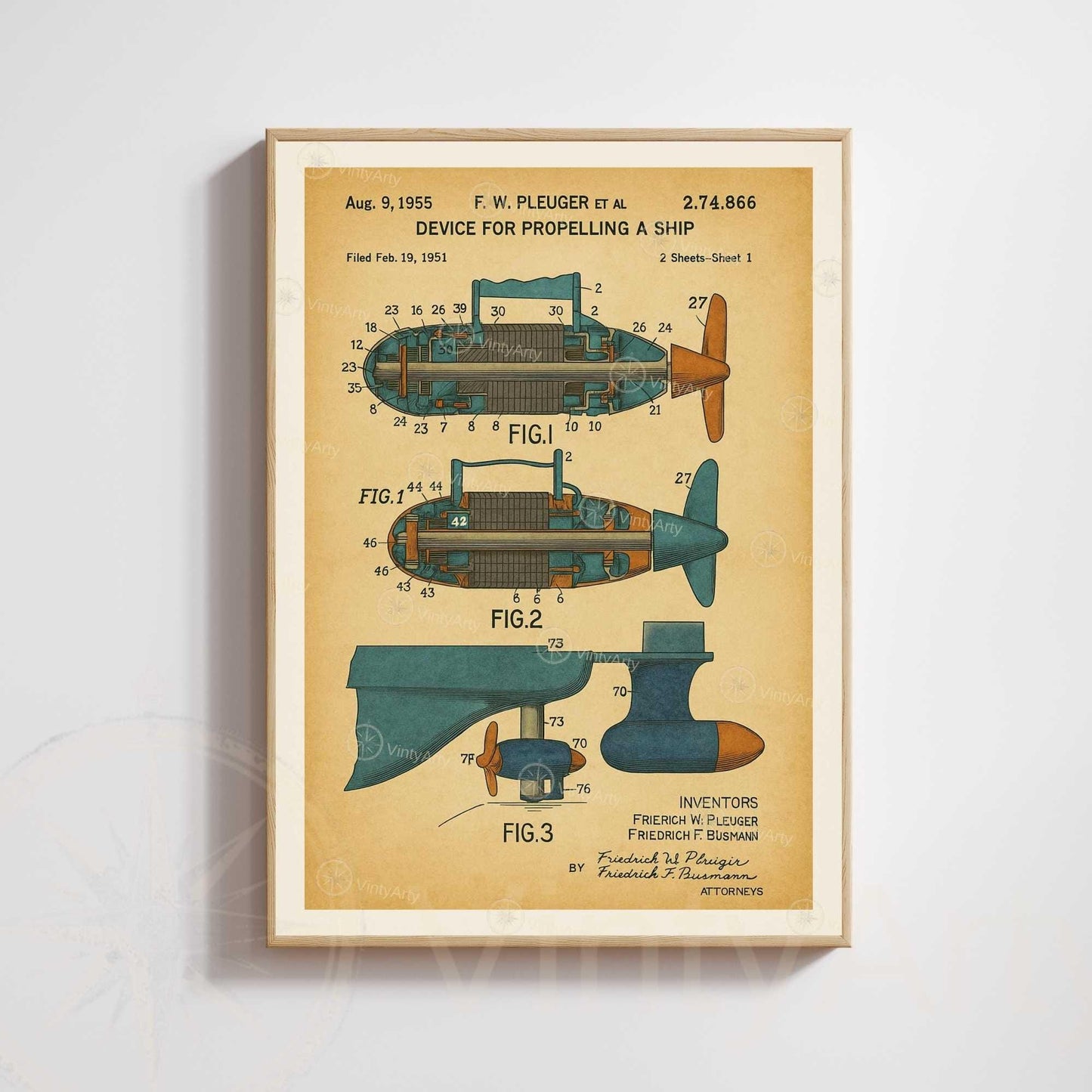 Affiche Brevet Propulsion Marine Vintage – Poster Technique 1955 | Art Industriel & Décoration Mécanique