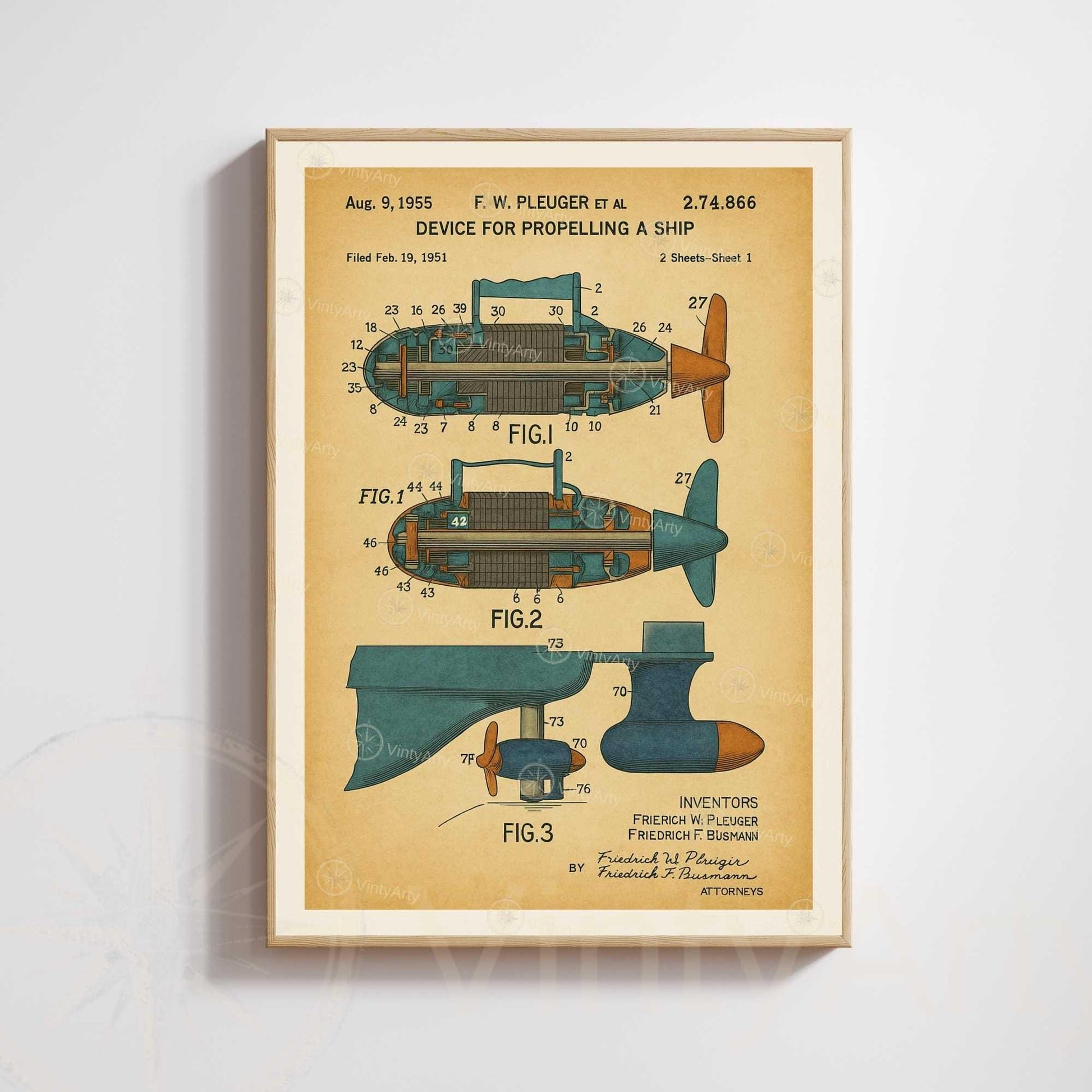 Affiche Brevet Propulsion Marine Vintage – Poster Technique 1955 | Art Industriel & Décoration Mécanique