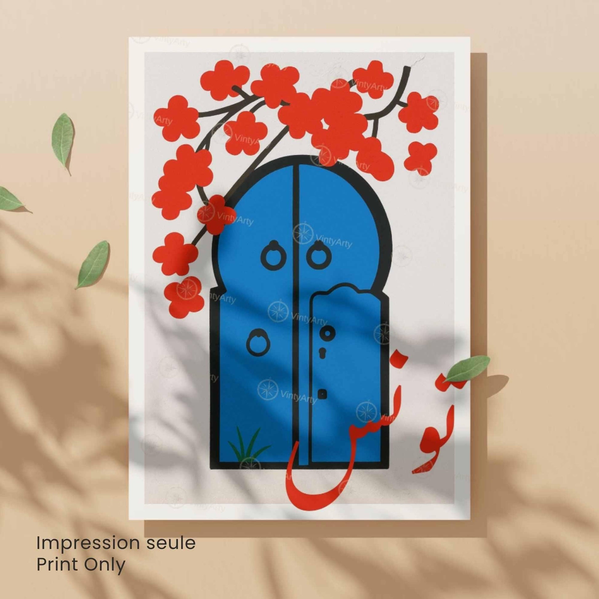 Affiche Tunis – Porte Bleue et Fleurs Rouges | Art Minimaliste Arabe & Décoration Murale Tunisienne