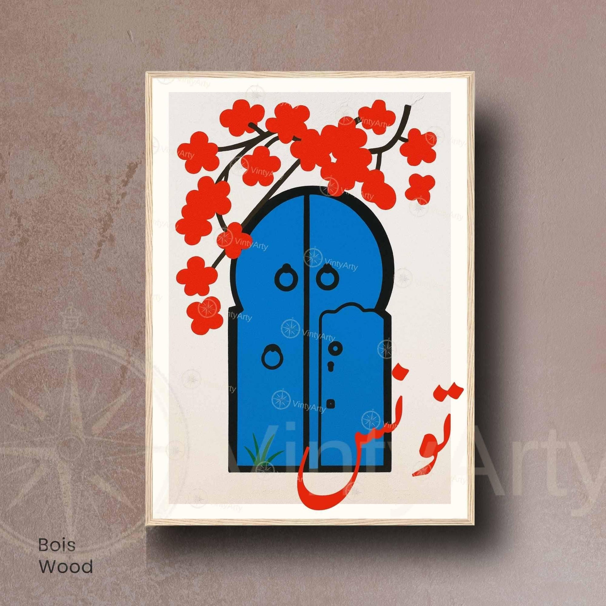 Affiche Tunis – Porte Bleue et Fleurs Rouges | Art Minimaliste Arabe & Décoration Murale Tunisienne