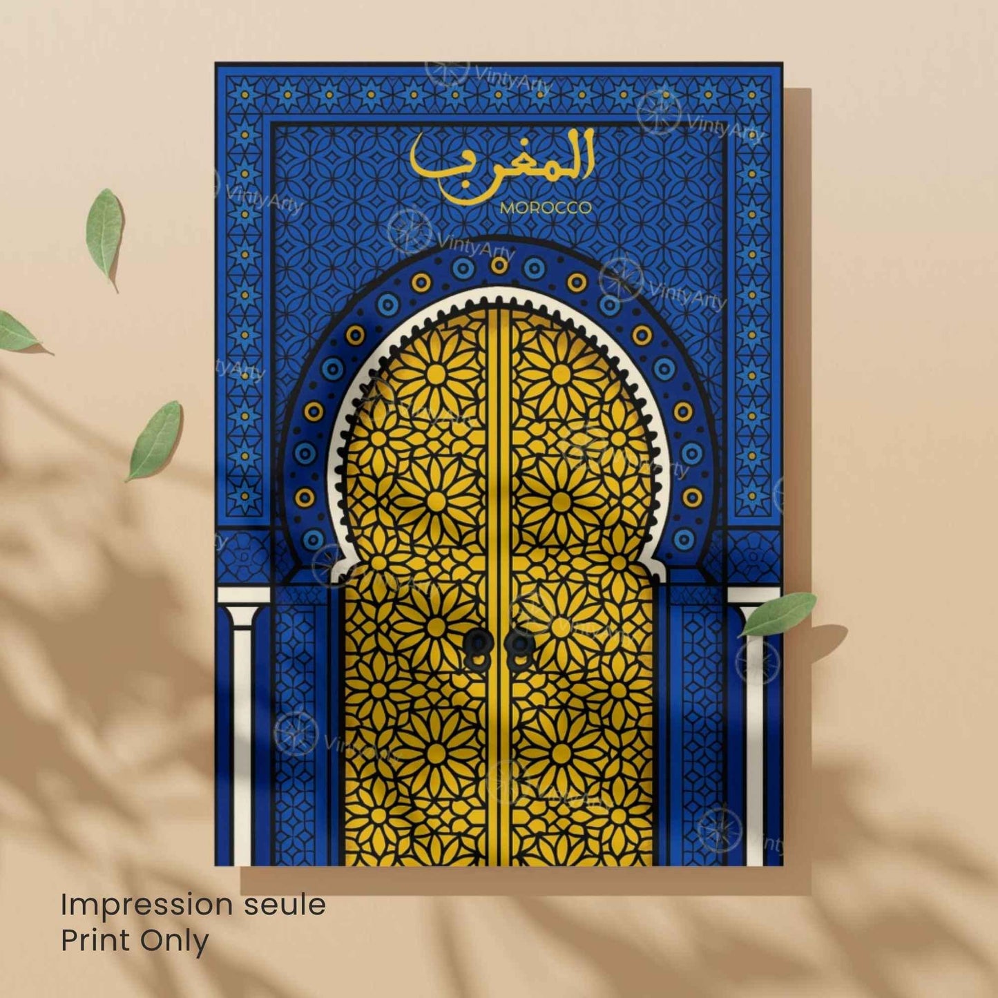 Affiche Maroc – Porte Dorée et Motifs Zellige | Art Oriental & Décoration Murale Marocaine