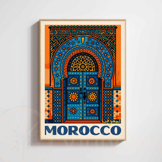Affiche Maroc – Porte Bleue et Oranges | Impression Marocaine