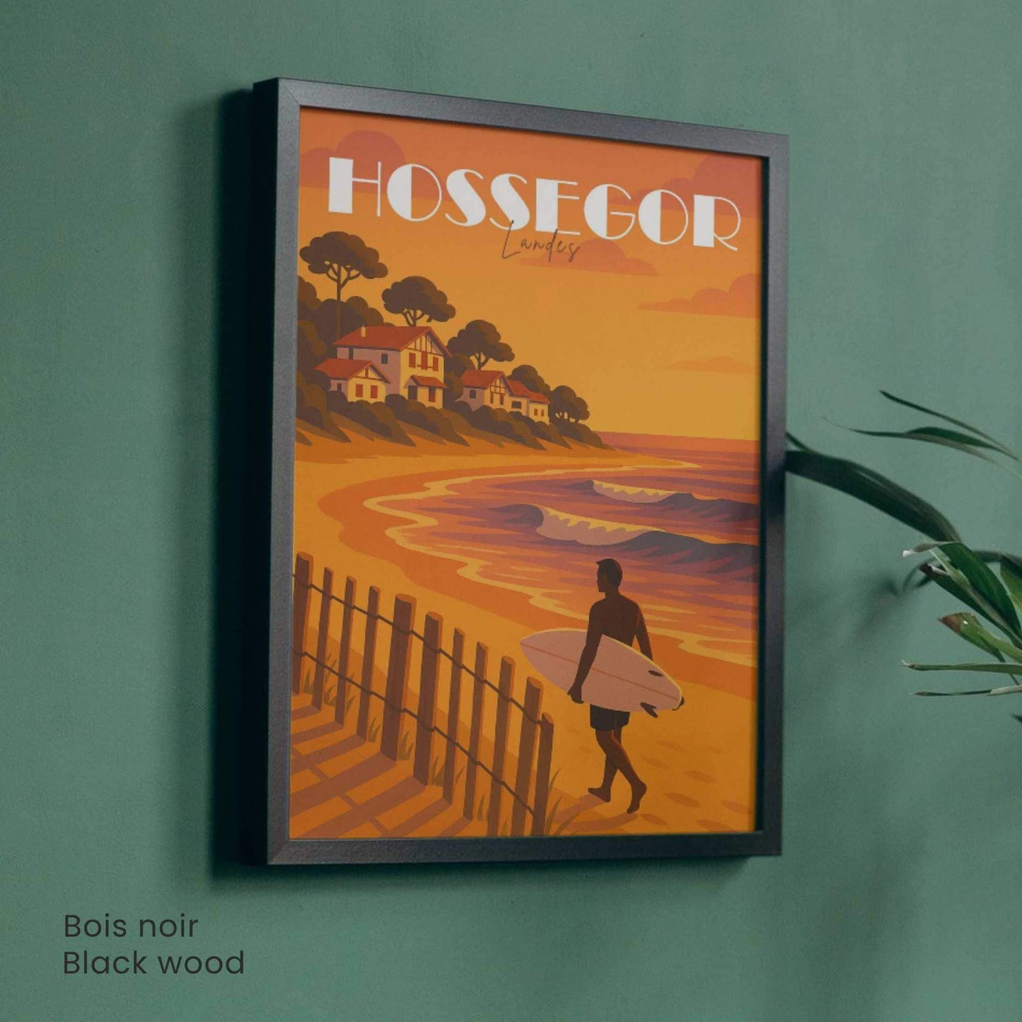 Affiche Hossegor – Landes | Illustration Surf au Coucher du Soleil | Poster Vintage Océan Atlantique