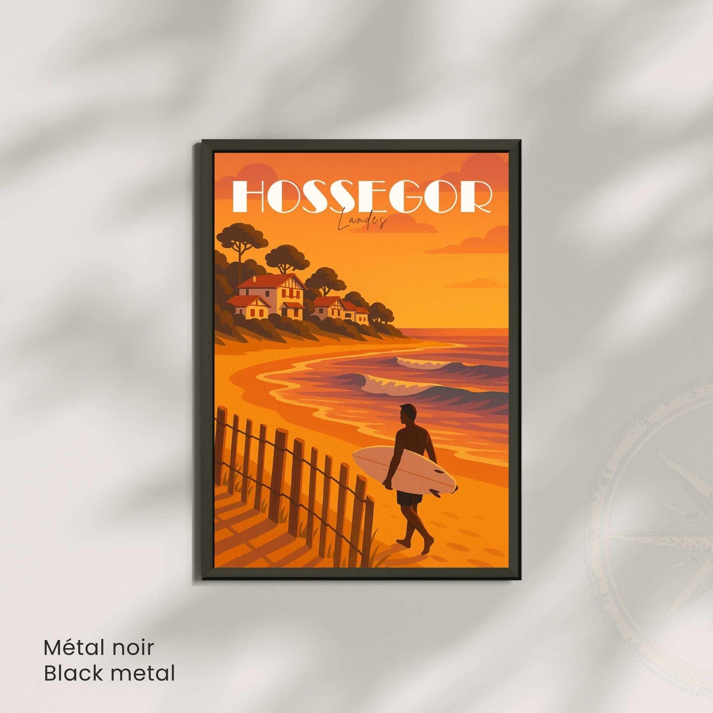 Affiche Hossegor – Landes | Illustration Surf au Coucher du Soleil | Poster Vintage Océan Atlantique