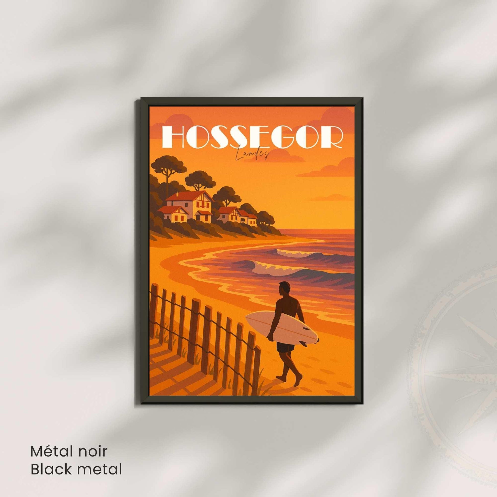 Affiche Hossegor – Landes | Illustration Surf au Coucher du Soleil | Poster Vintage Océan Atlantique