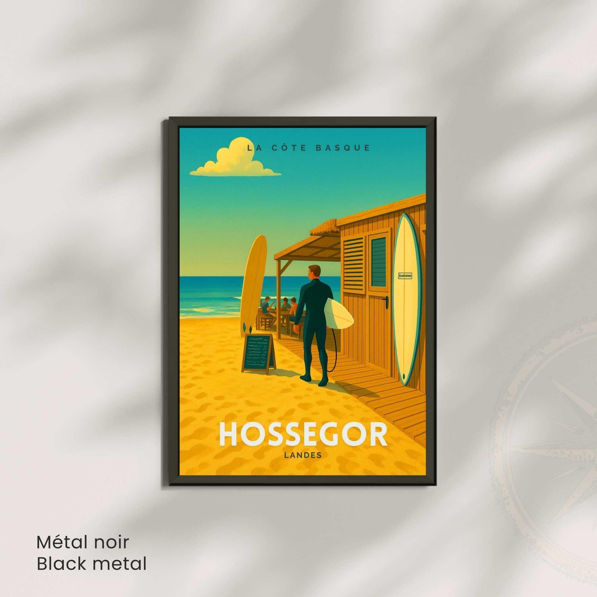 Affiche de voyage Hossegor – Landes | Illustration Surf Shack | Poster Vintage Côte Basque