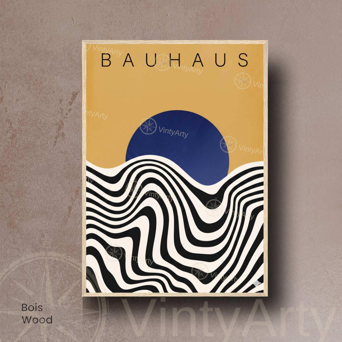 Affiche Bauhaus soleil bleu vagues, art mural exposition rétro moderne