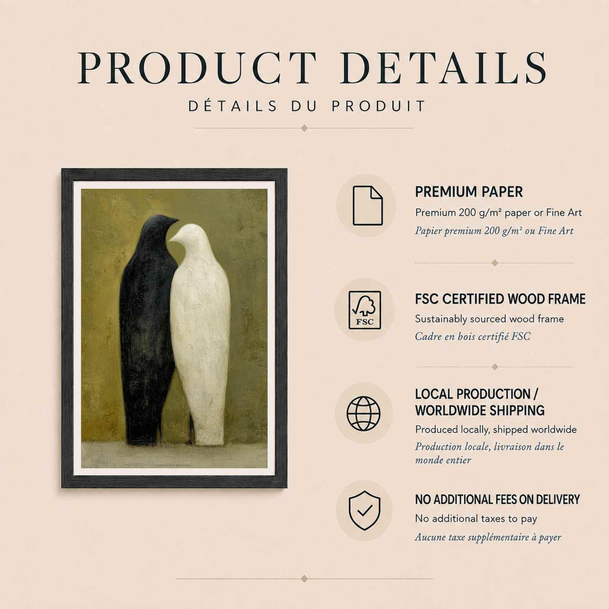 Affiche deux oiseaux noir et blanc, art mural couple minimaliste, peinture folk fond olive