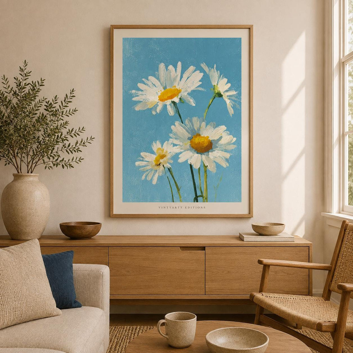 Affiche marguerites blanches sur fond bleu, peinture à l'huile, décoration murale printanière