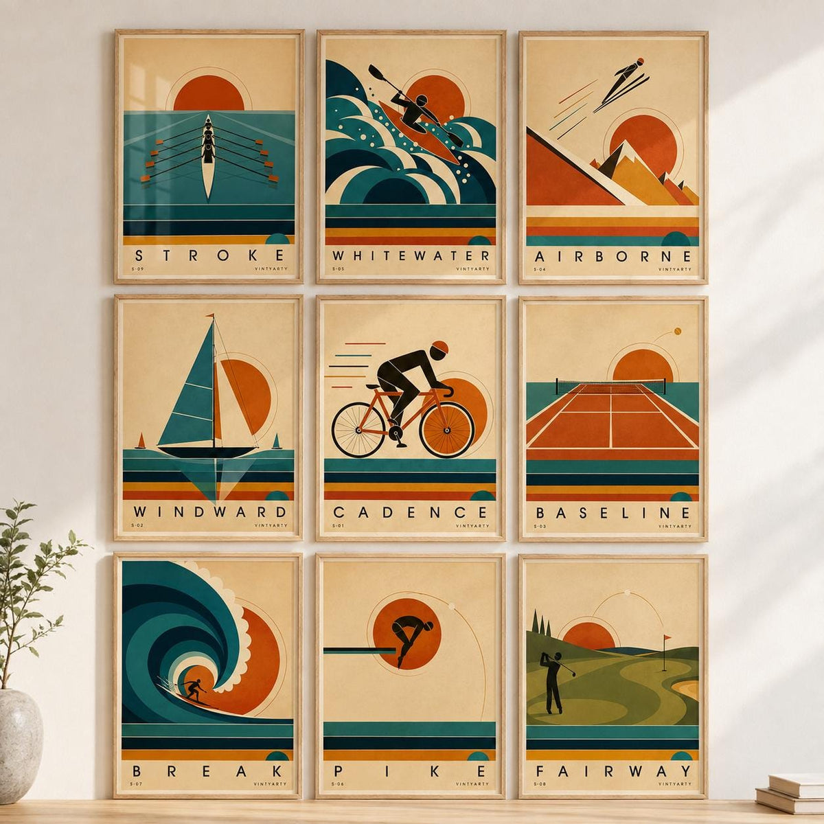 Affiche pluie, nuage et soleil au-dessus des flaques, illustration mid-century, décoration murale
